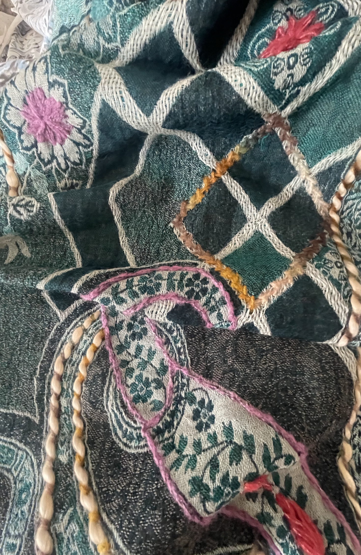 Embroidered Wool Muffler - Forest Diamond