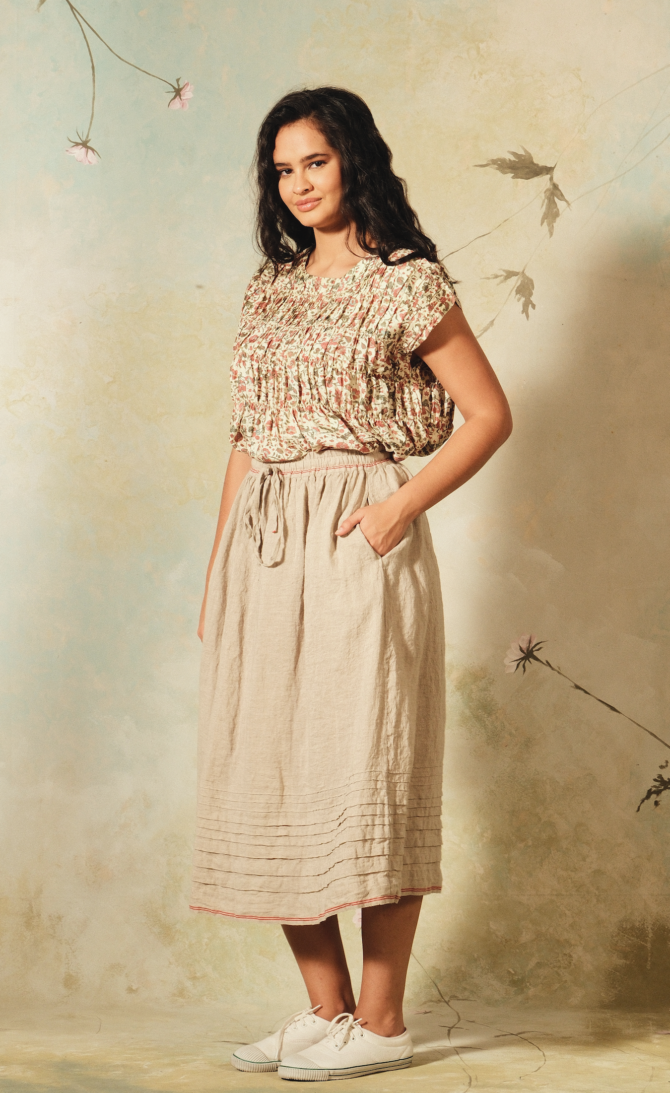 JIANA PINTUCK SKIRT - Stone Linen