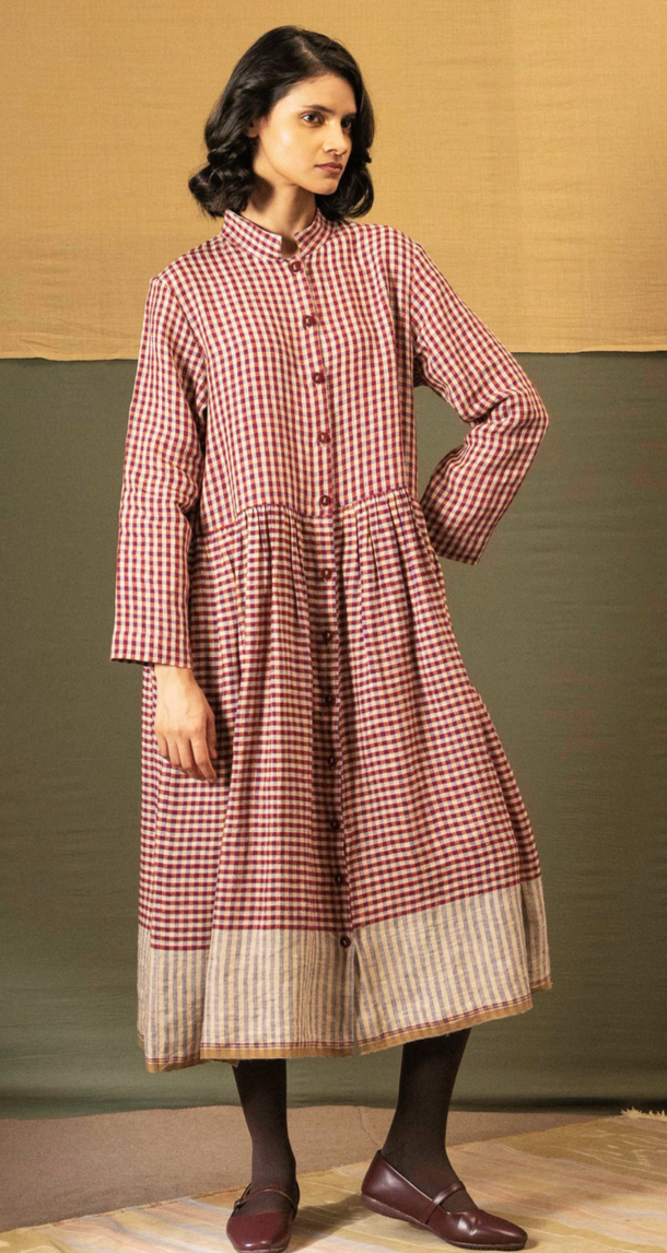 TARA Linen Check Dress - Barn Red