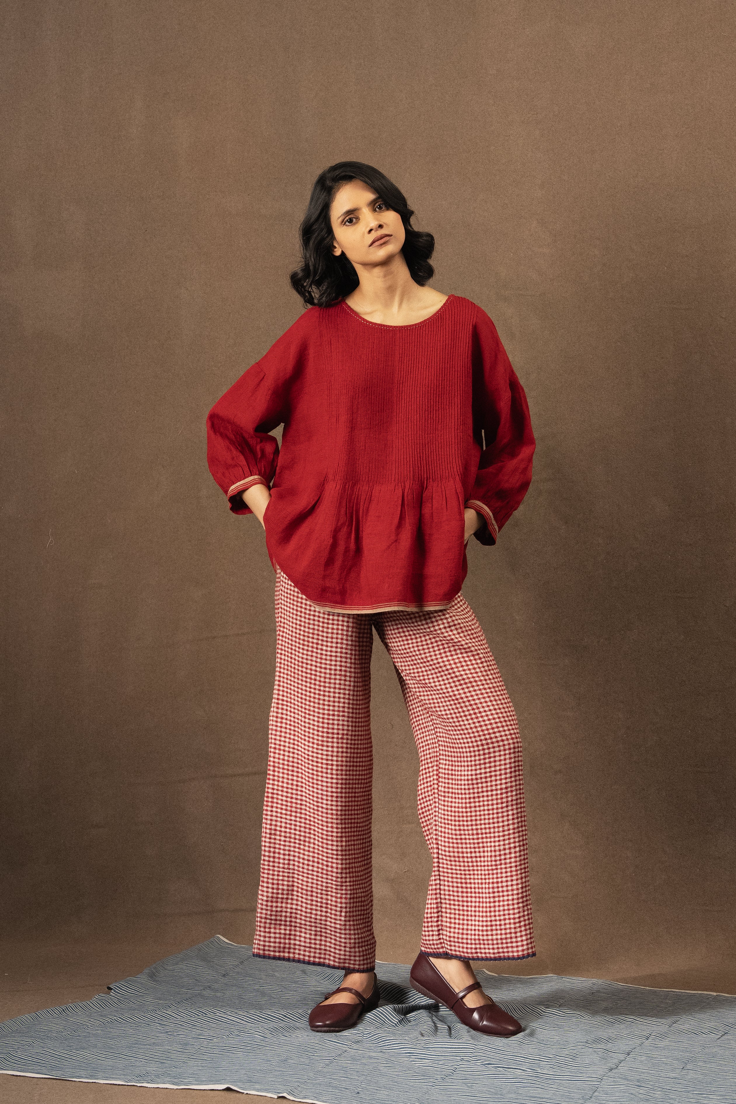 ANISHA Linen Pintuck Top - Crimson