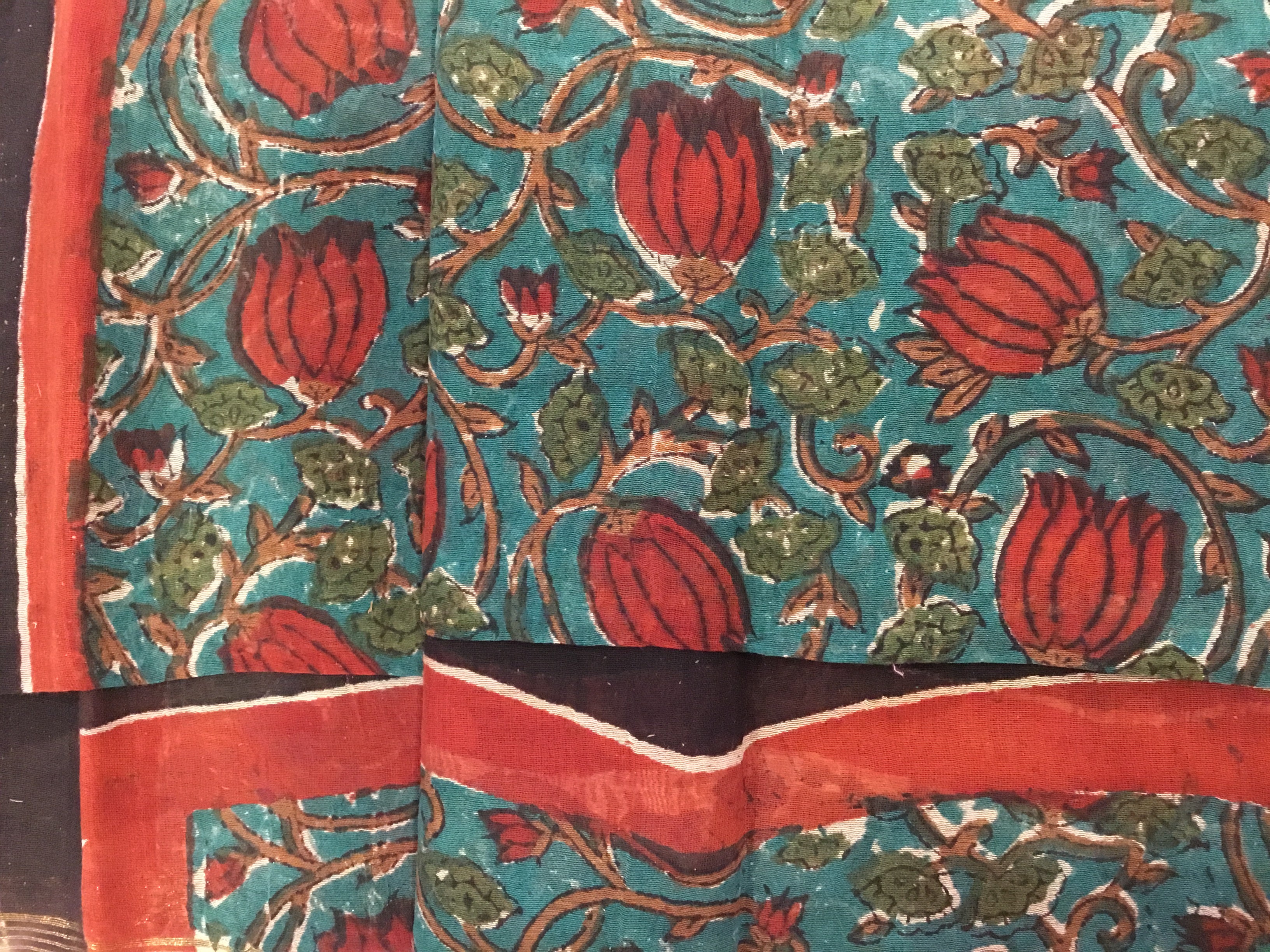 Handblock Printed Chanderi Silk Cotton Scarf - Red Pomegranate Flower