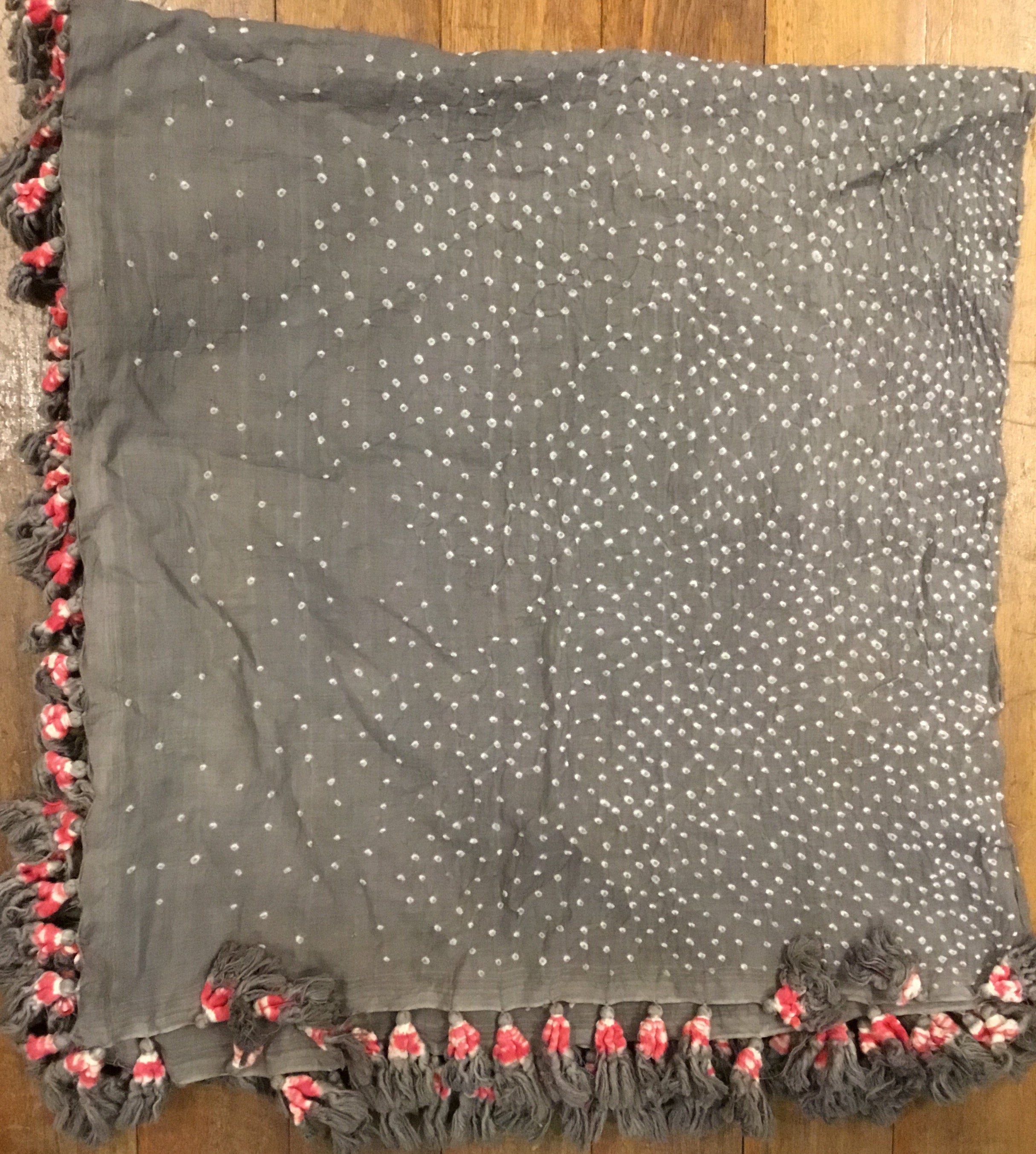 Bandhani Cotton Square Scarf With Pom Poms - Earth Grey Constellation