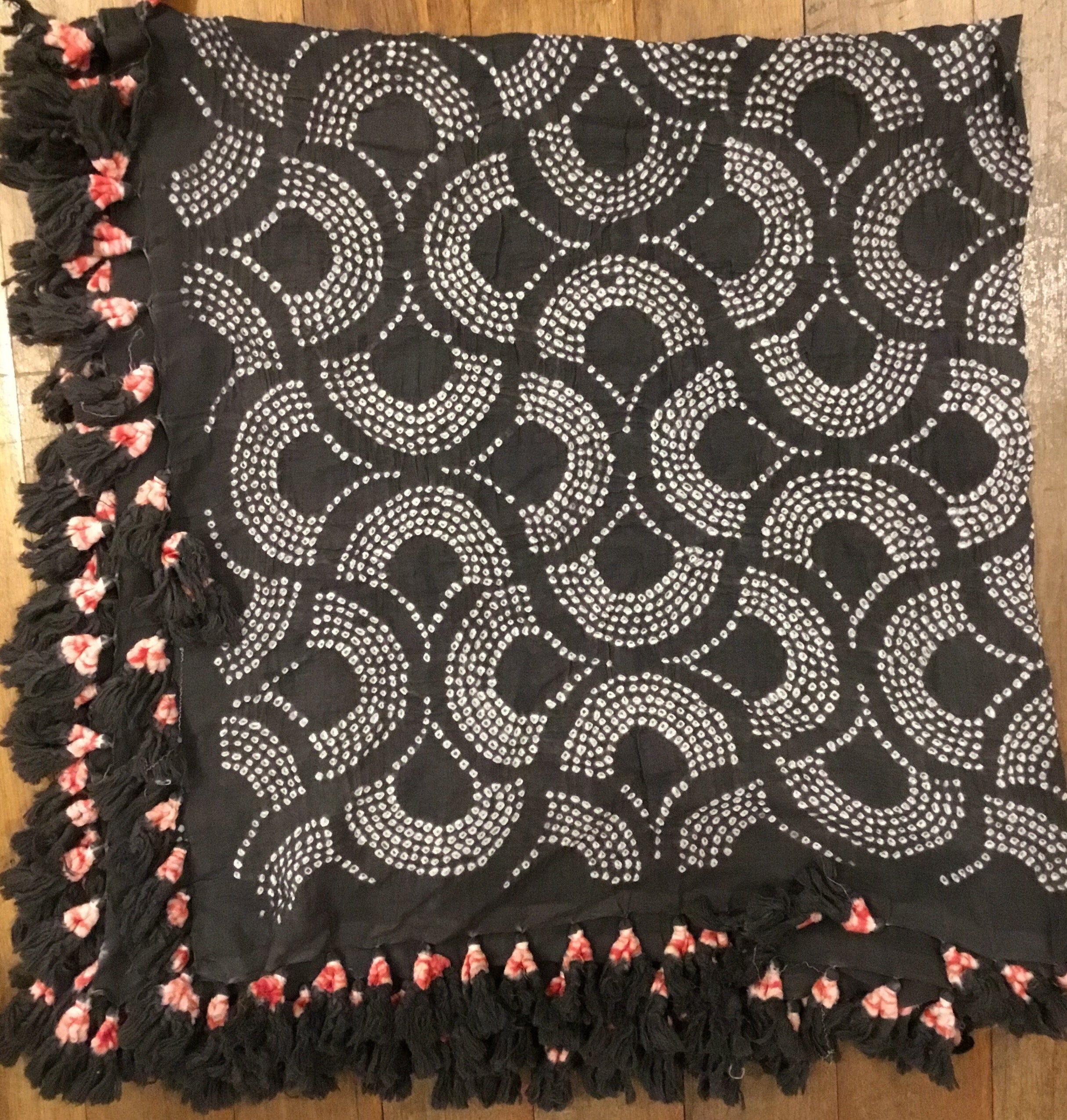 Bandhani Cotton Square Scarf With Pom Poms - Deep Slate Scallop