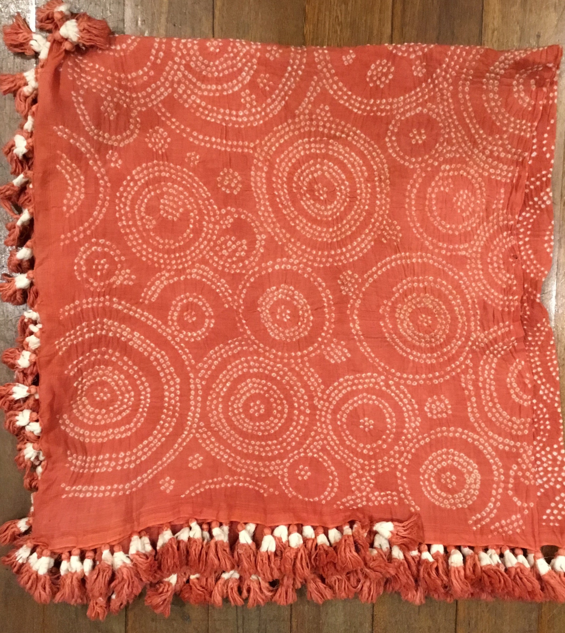 Bandhani Cotton Square Scarf With Pom Poms - Pale Pomegranate Circle