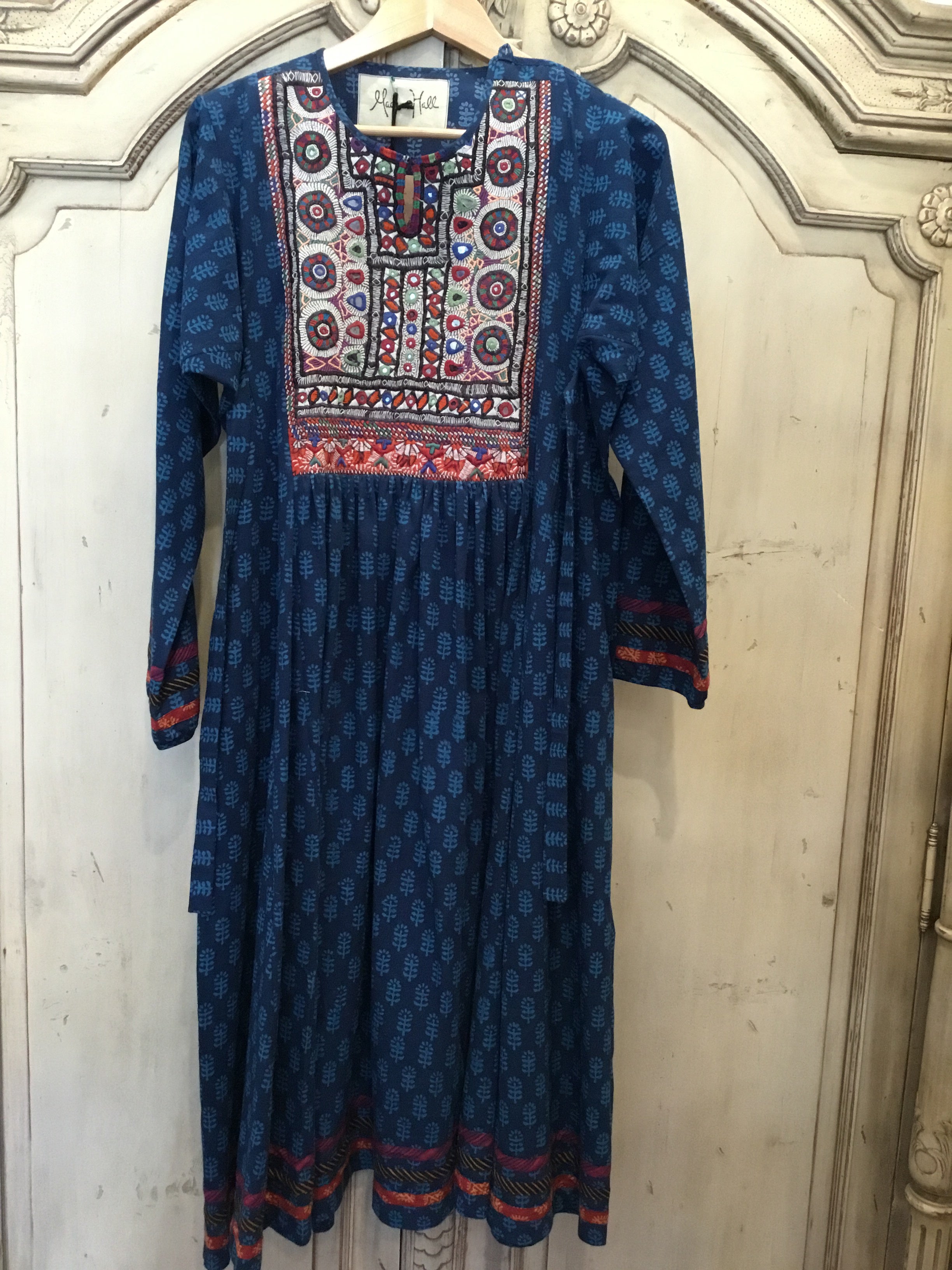 Handblock Printed Dress with Vintage Bodice- Blue Skies