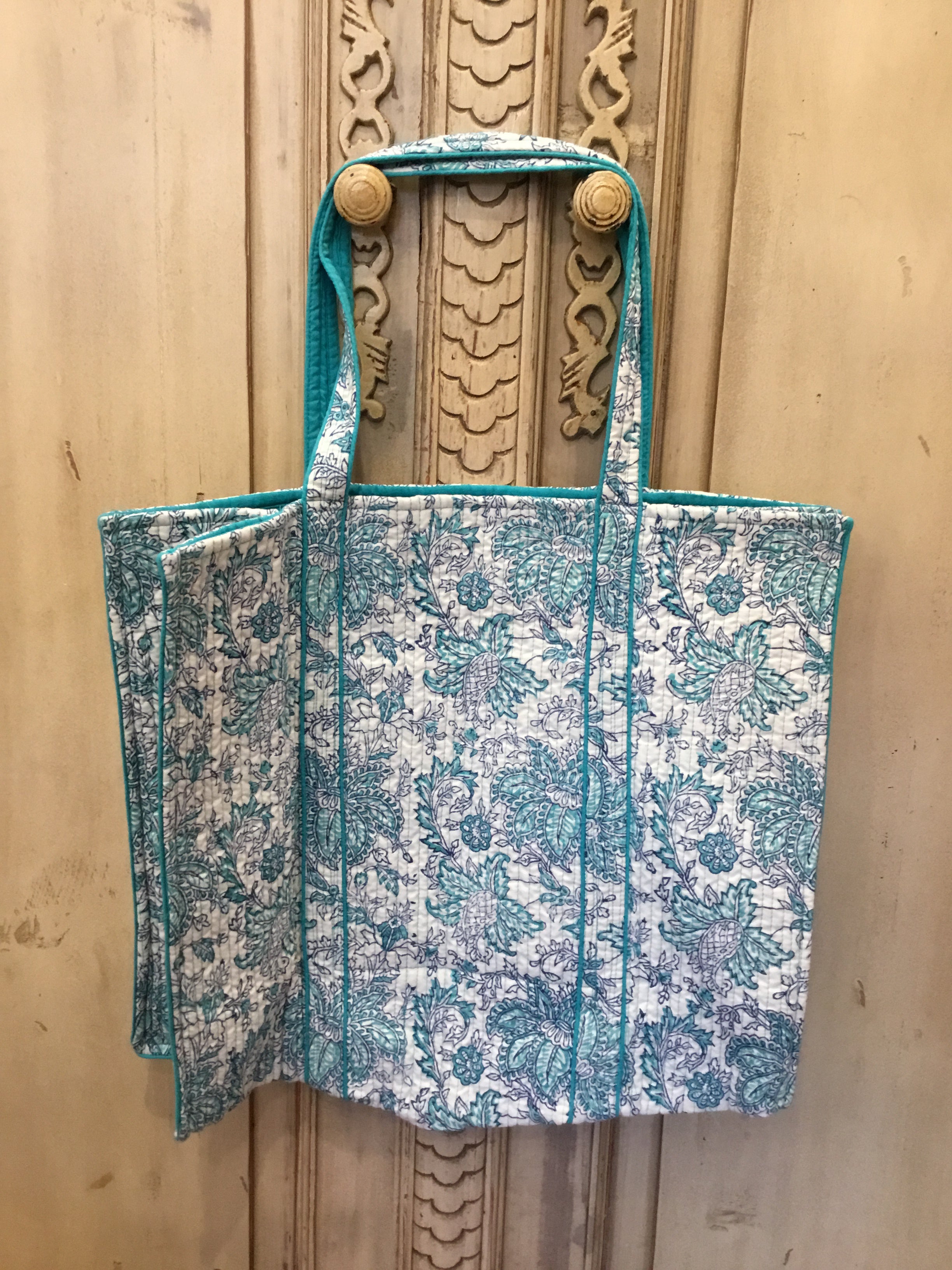 Handblock Printed CottonTote Bag- Sea Blue