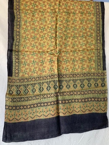 Ajrakh Tussar Silk Scarf - Turmeric Windmills