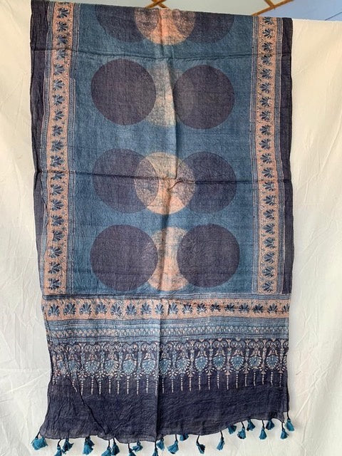 Ajrakh printed tussar silk scarves using natural dyes, Indigo Moon