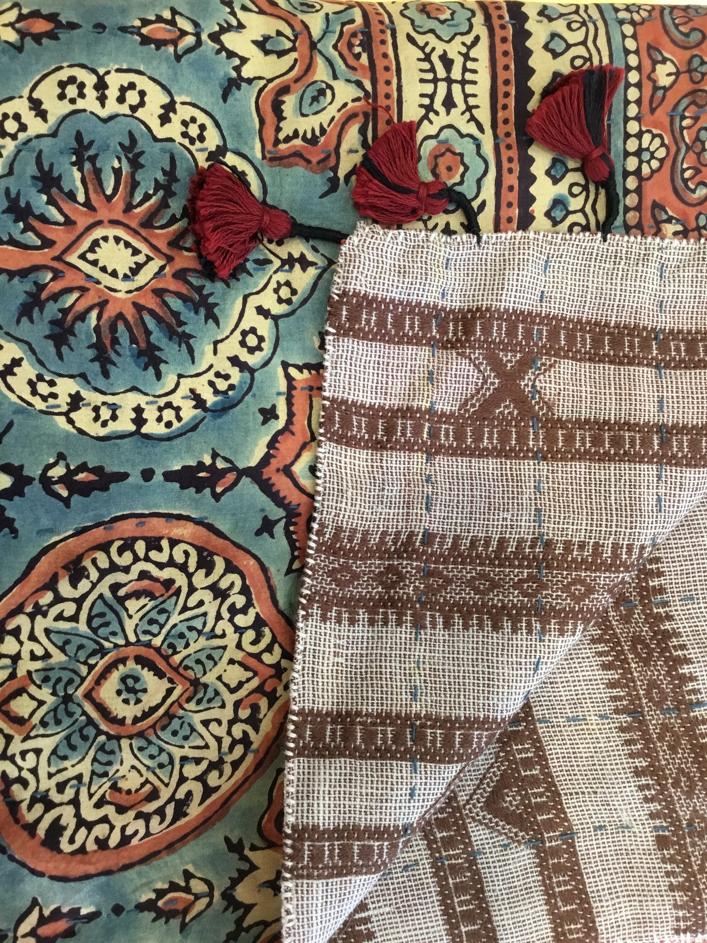 Ajrakh Handloomed Double Sided Quilted Wool and Silk Wrap, Pomegranate Tile and Sienna Geometric