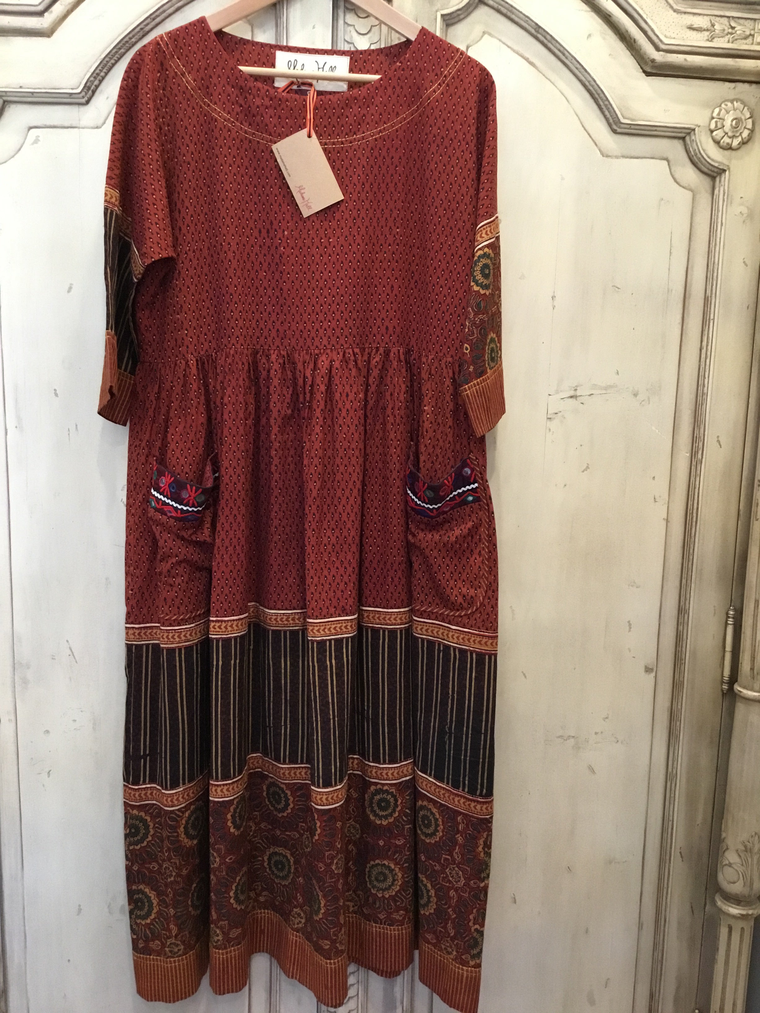 Handblock Printed Dress with Vintage Pockets- Vermilion Oasis