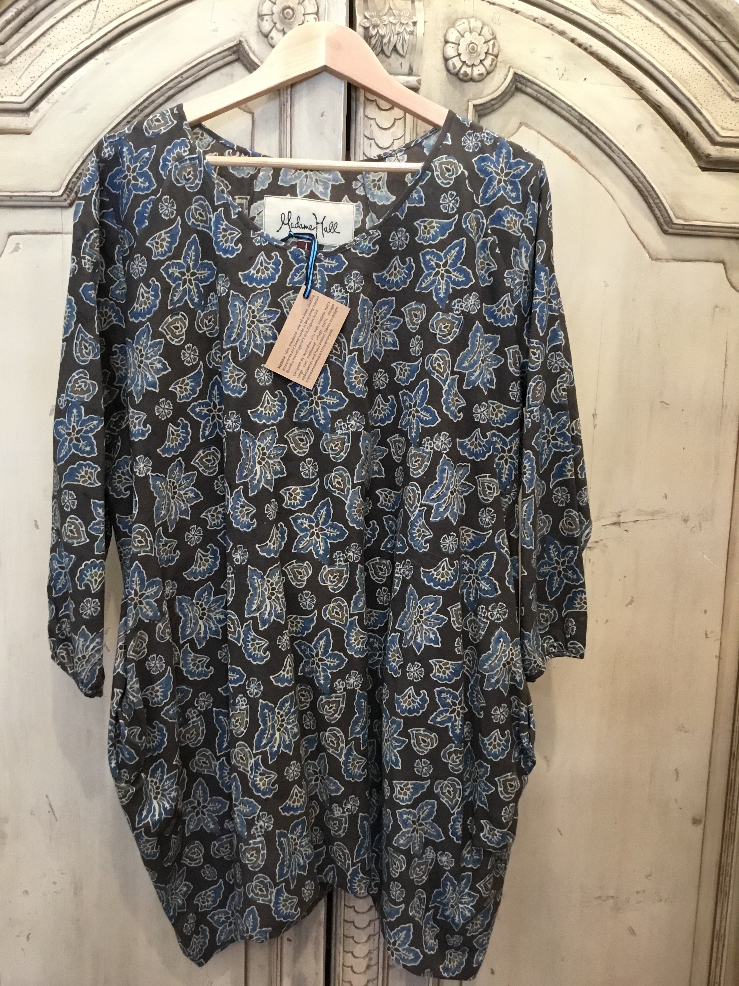 Handblock Printed Tunic- Earth Blue Lily