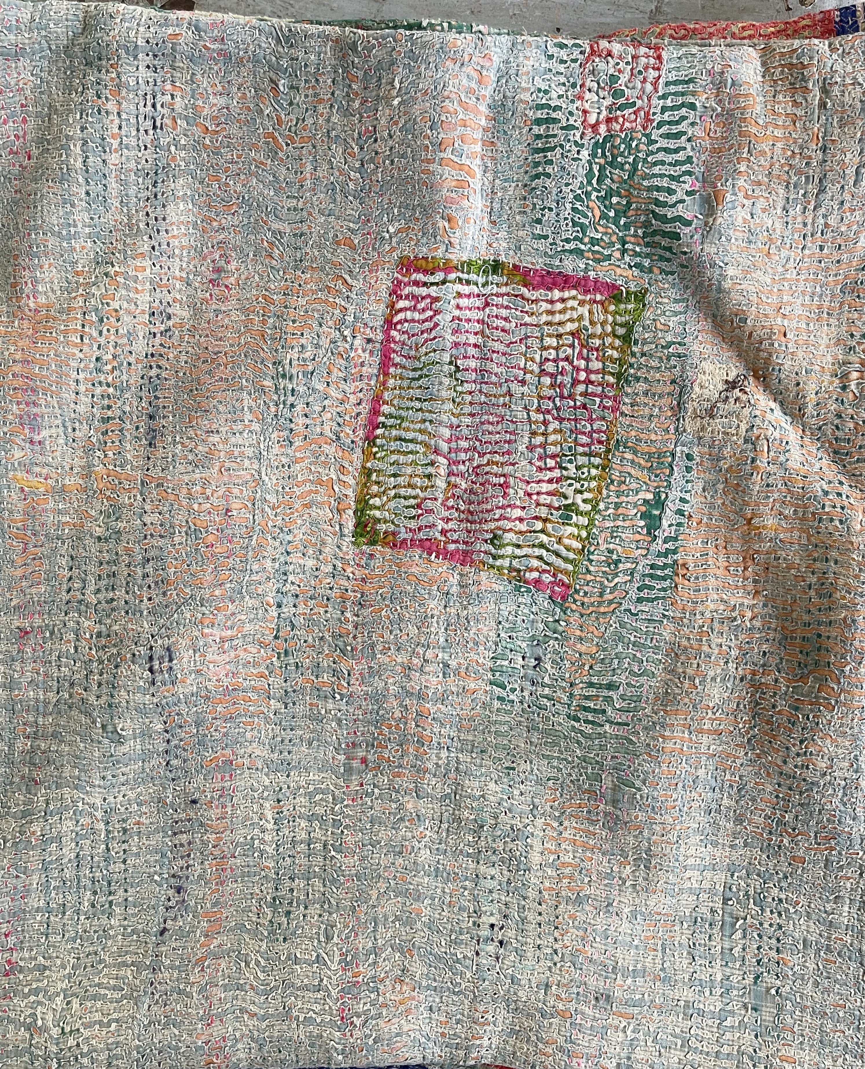 Vintage Kantha Cushion - Green Stripe 2