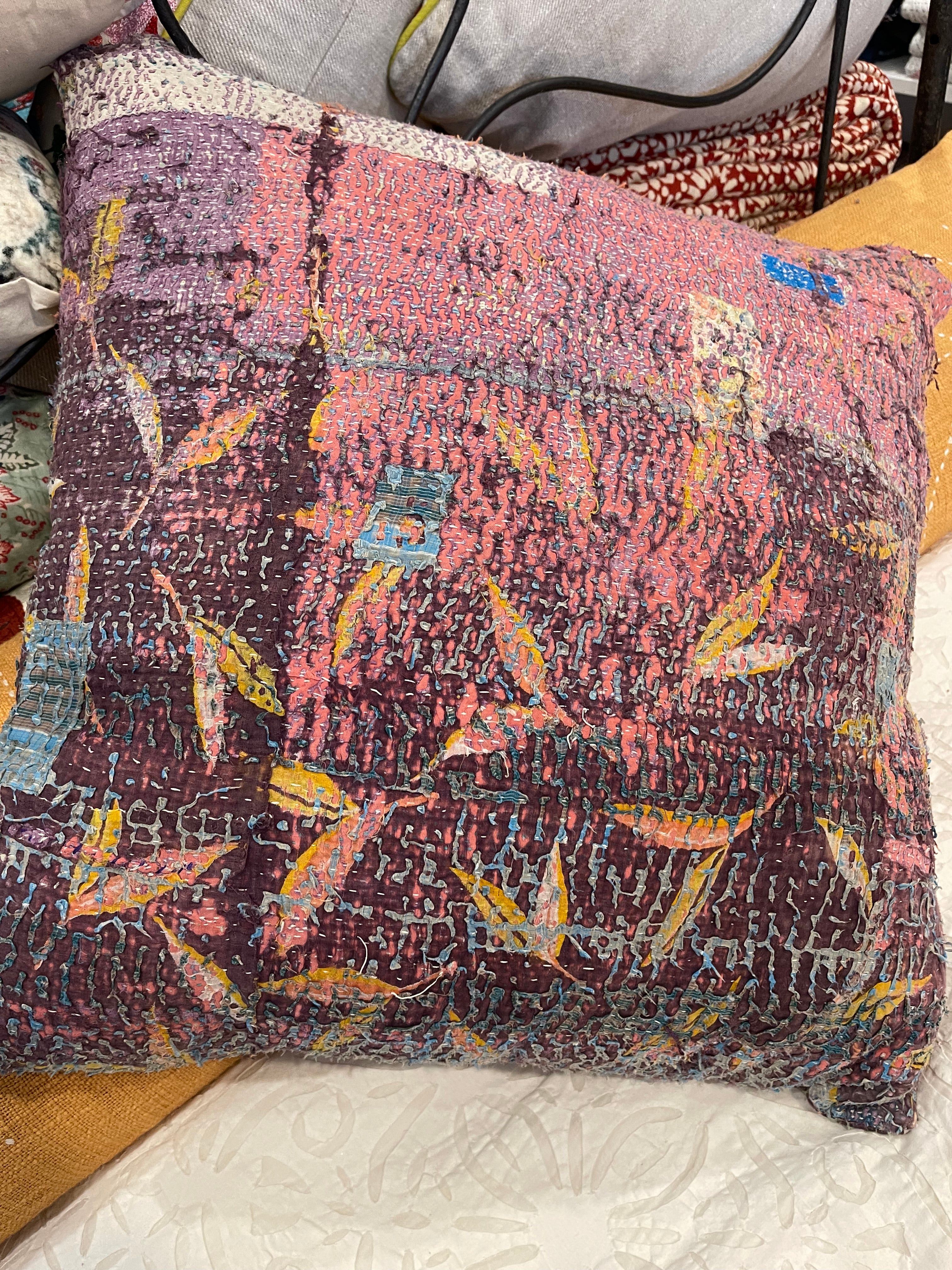 Vintage Kantha Cushion - Autumn Foliage Pink