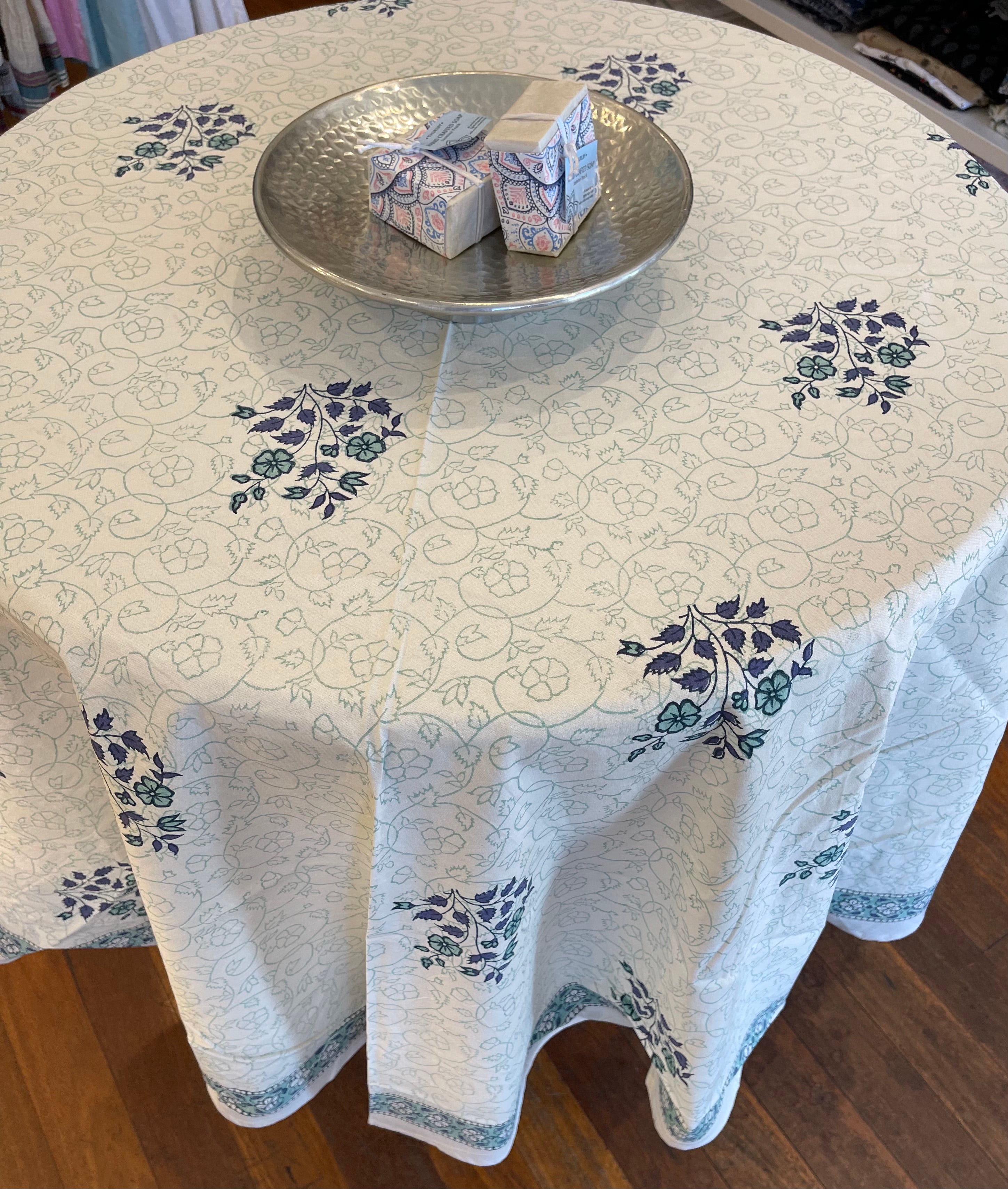 Handblock Printed Tablecloth Round - Blue Floral