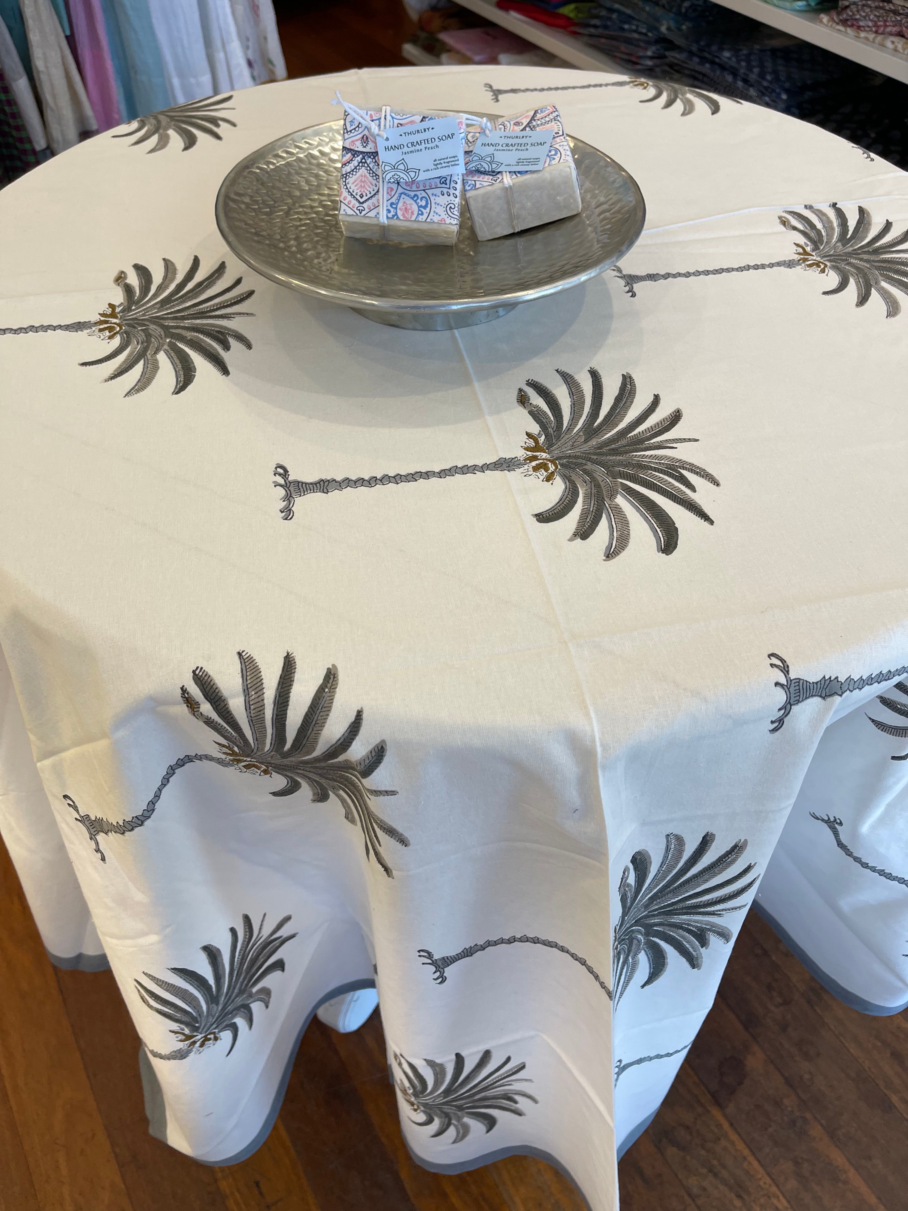 Handblock Printed Tablecloth Round - Palm Grey
