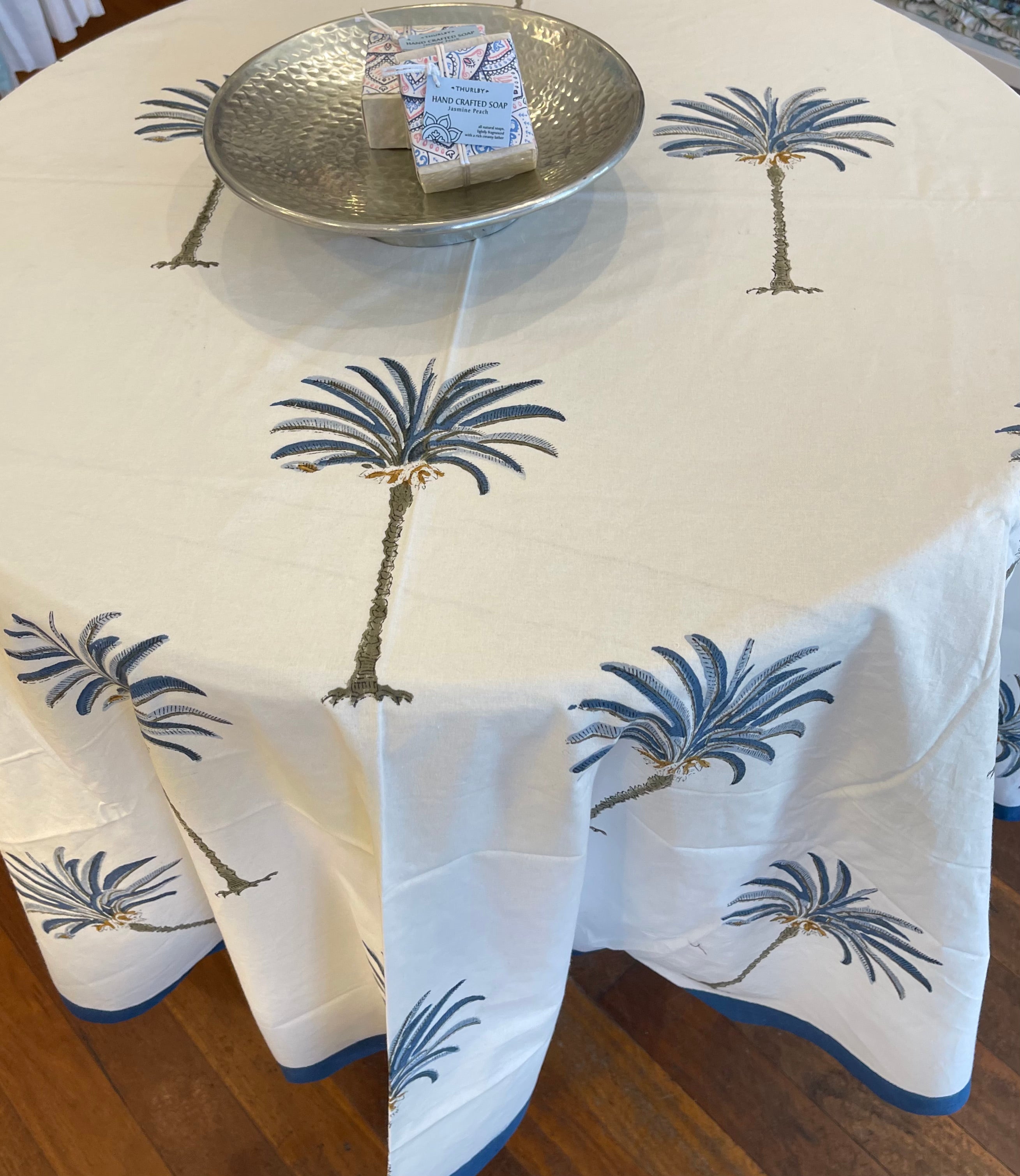 Handblock Printed Tablecloth Round - Palm Blue