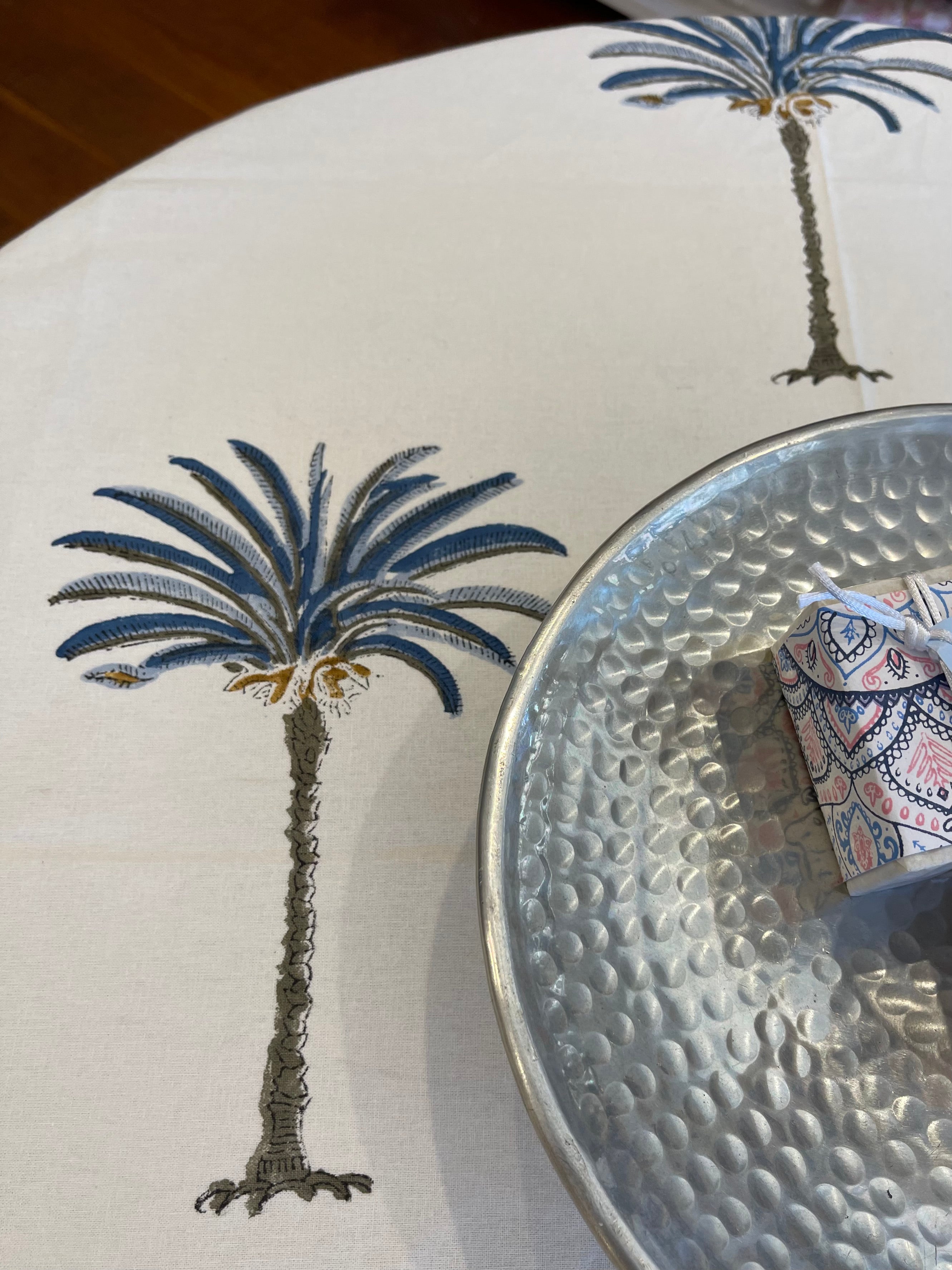 Handblock Printed Tablecloth Round -  Palm Blue