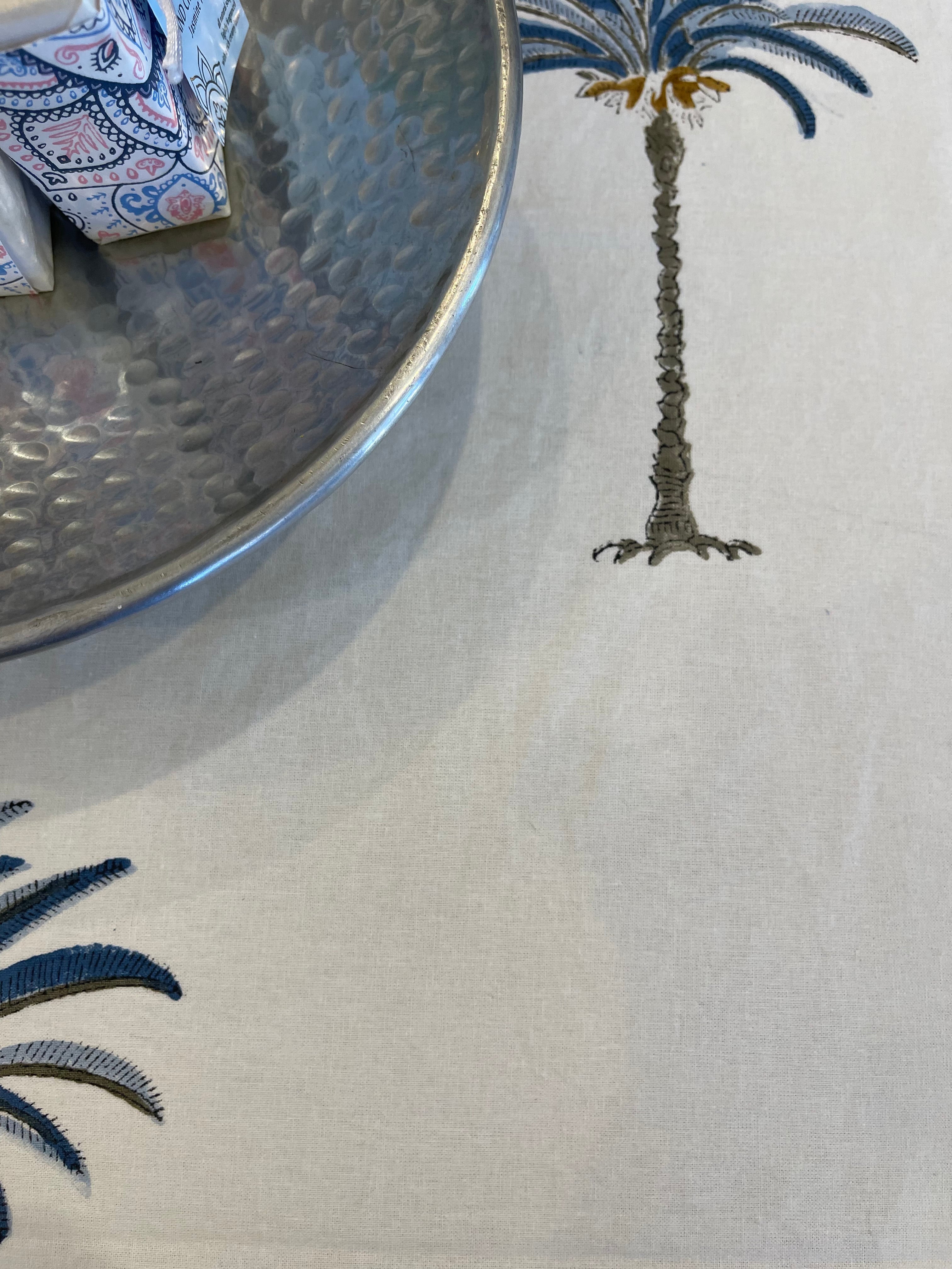 Handblock Printed Tablecloth Round - Palm Blue