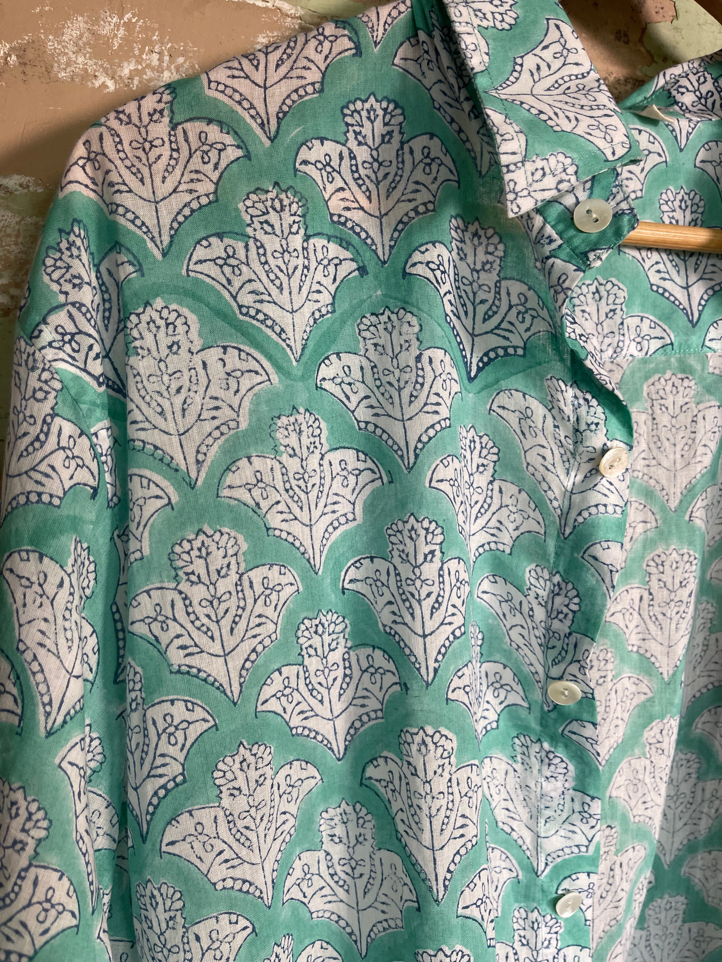 Handblock Printed Mens/Unisex Shirt - Ocean