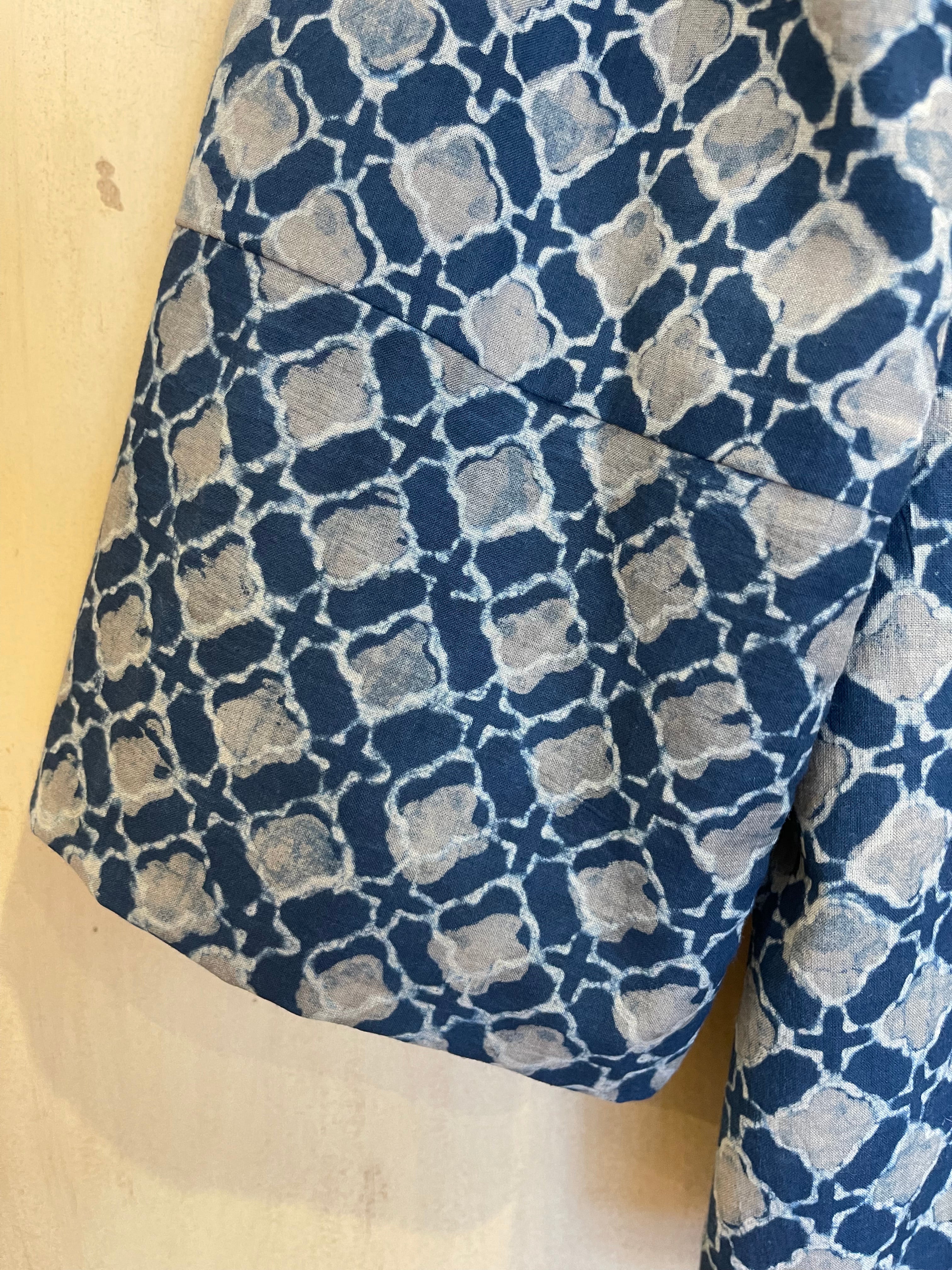 Fine Indian cotton handblock AJRAKH  top in natural dyes, Diamond Blue Pattern