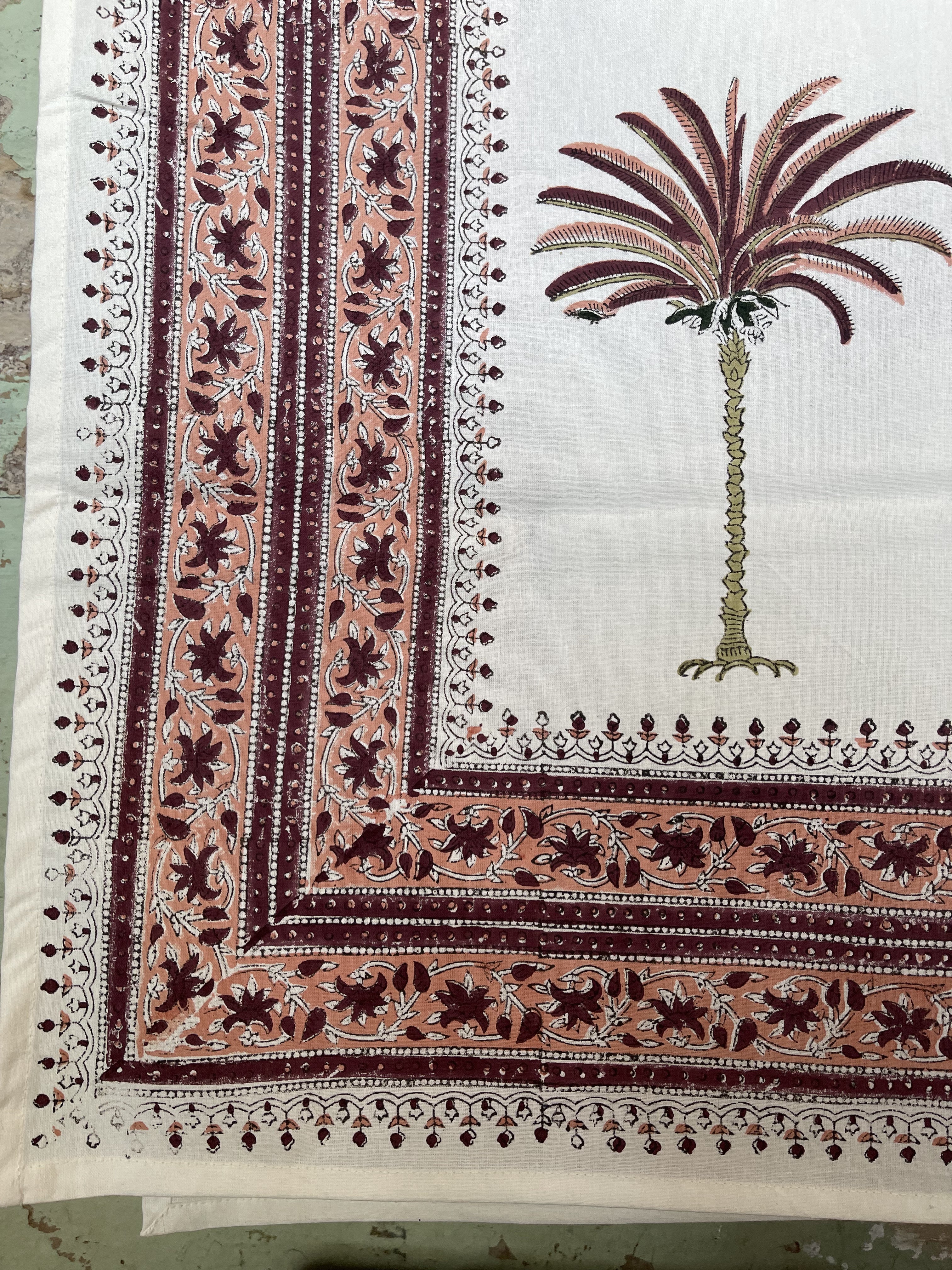 Handblock Printed Tablecloth Rectangular Long - Date Palm  Pink