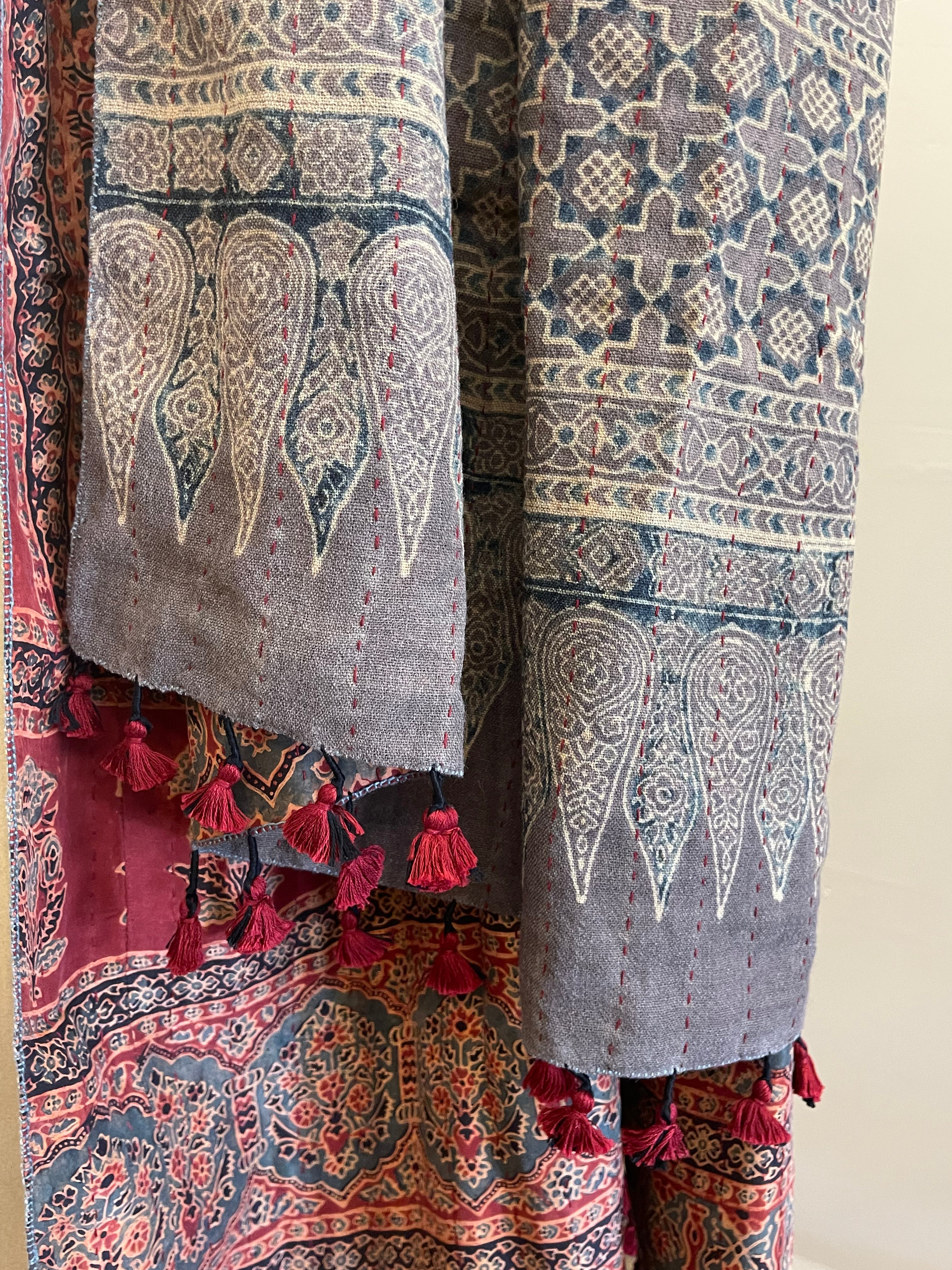 Ajrakh Handloomed Double Sided Quilted Wool and Silk Wrap, Crimson Floral and Dusk Tile