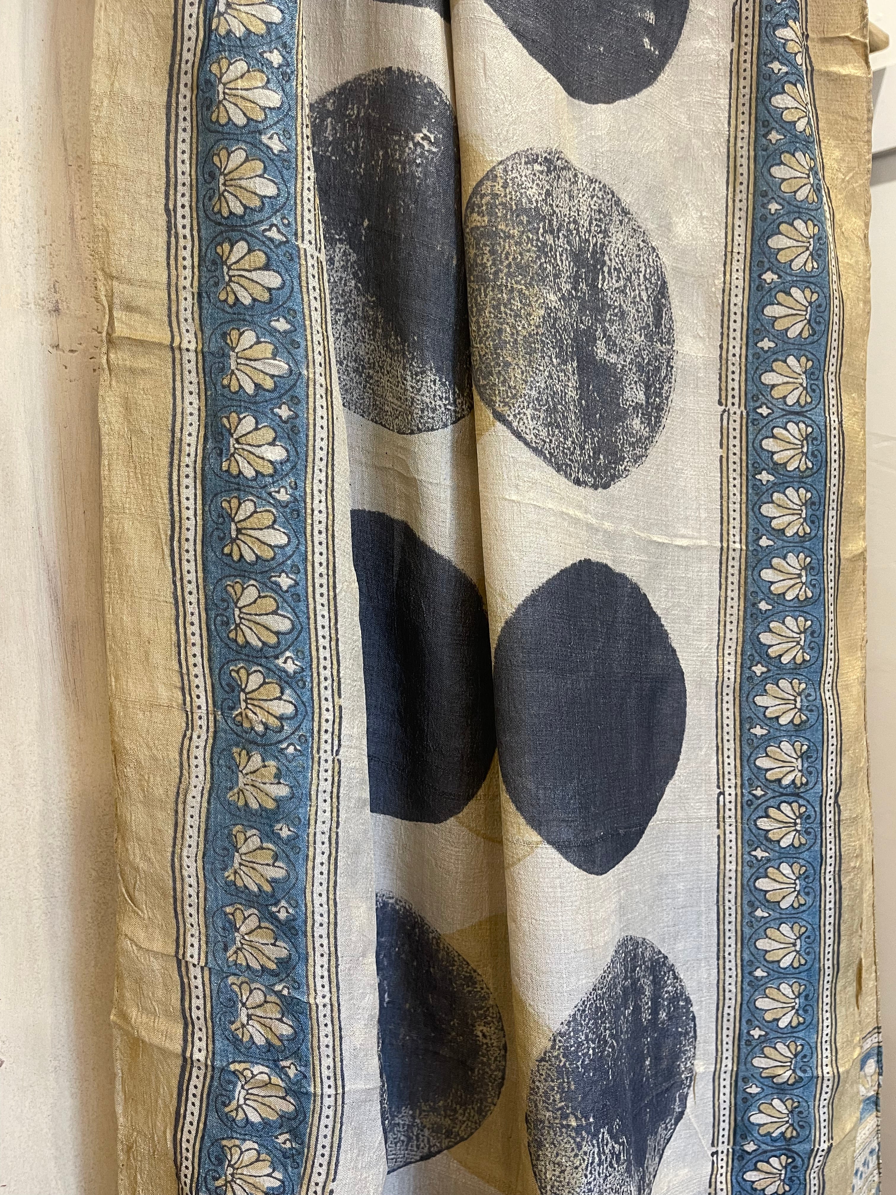 Ajrakh printed tussar silk scarves using natural dyes, Mustard Moon