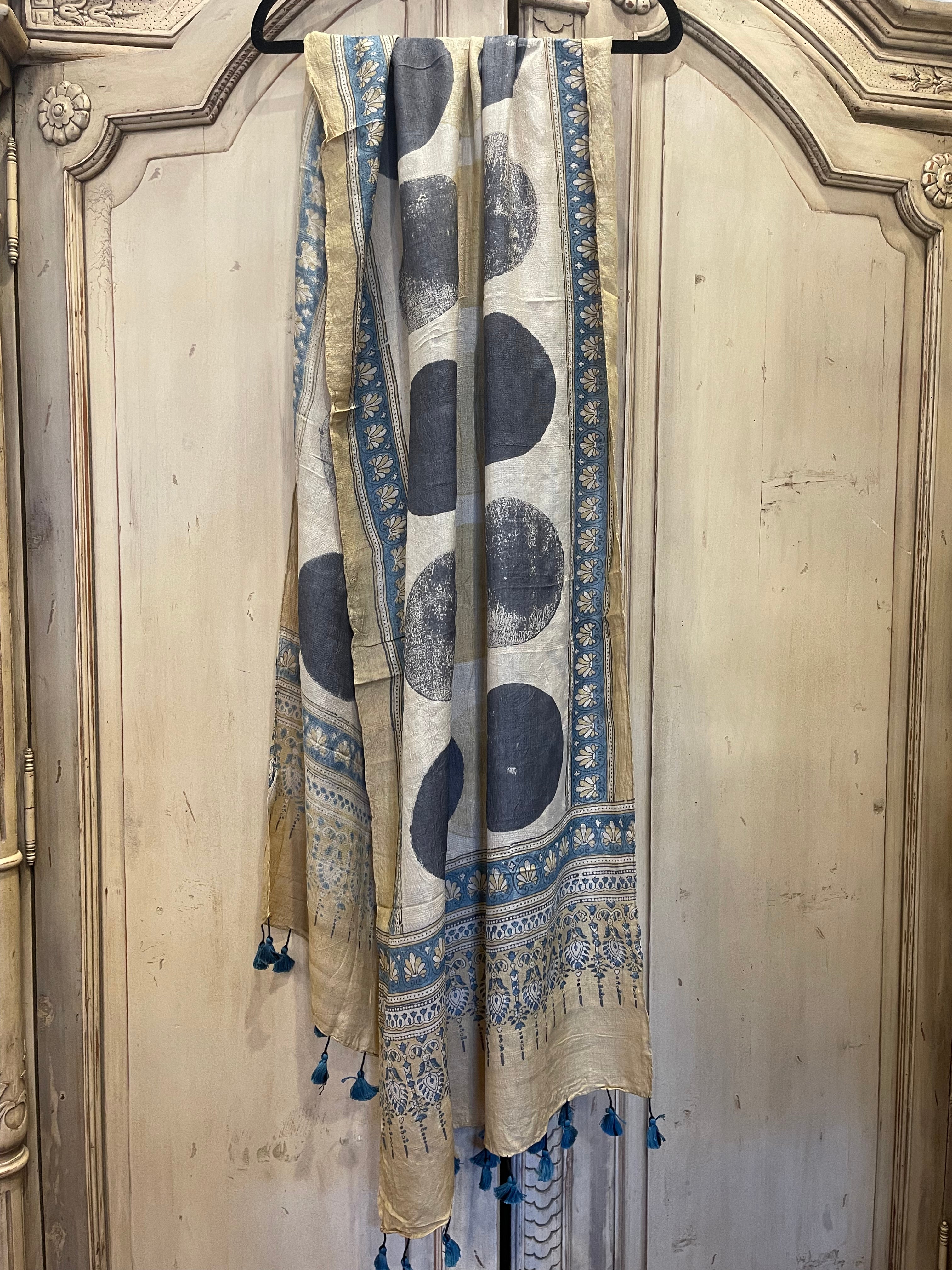 Ajrakh printed tussar silk scarves using natural dyes, Mustard Moon