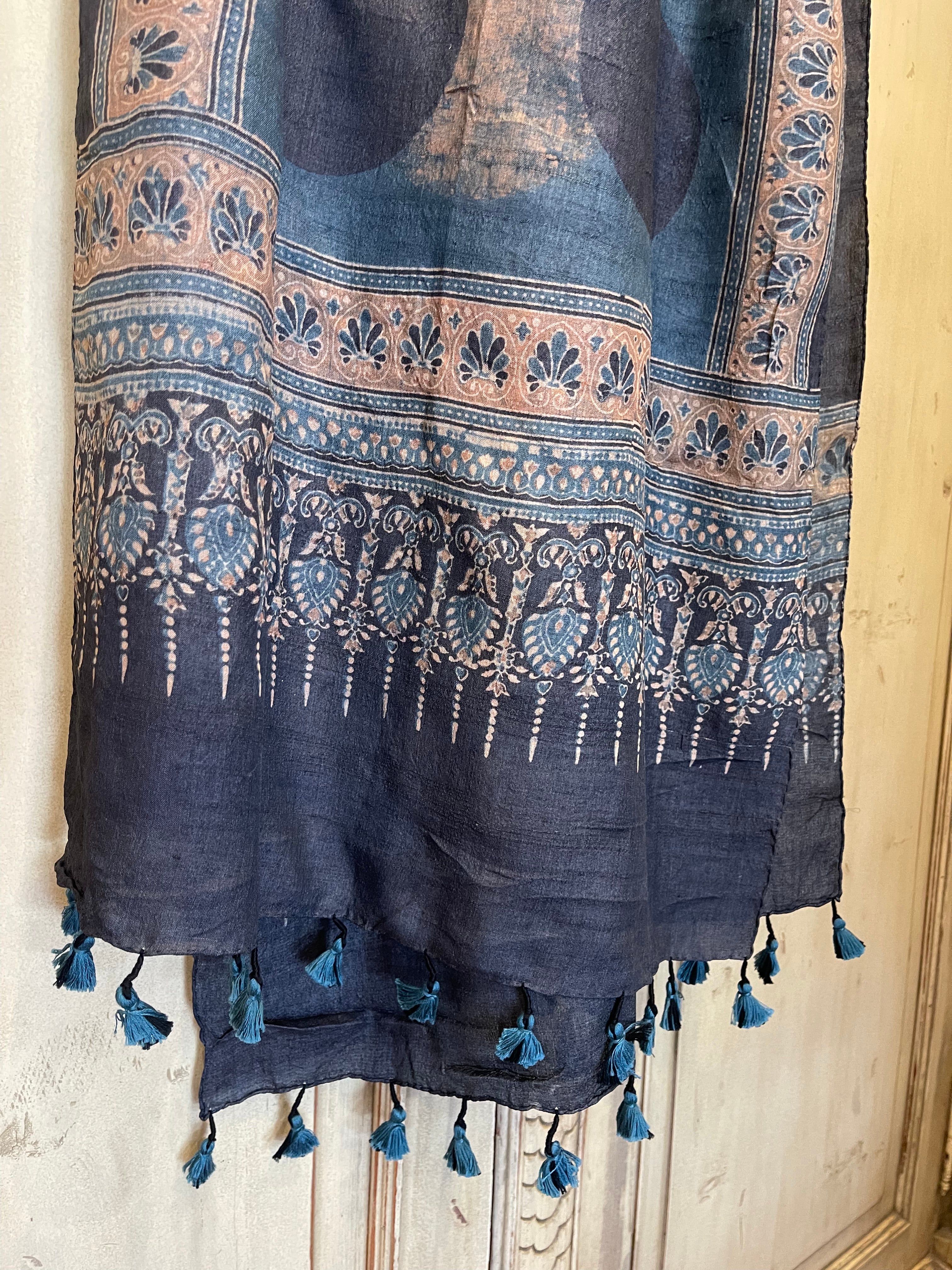 Ajrakh printed tussar silk scarves using natural dyes, Indigo Moon