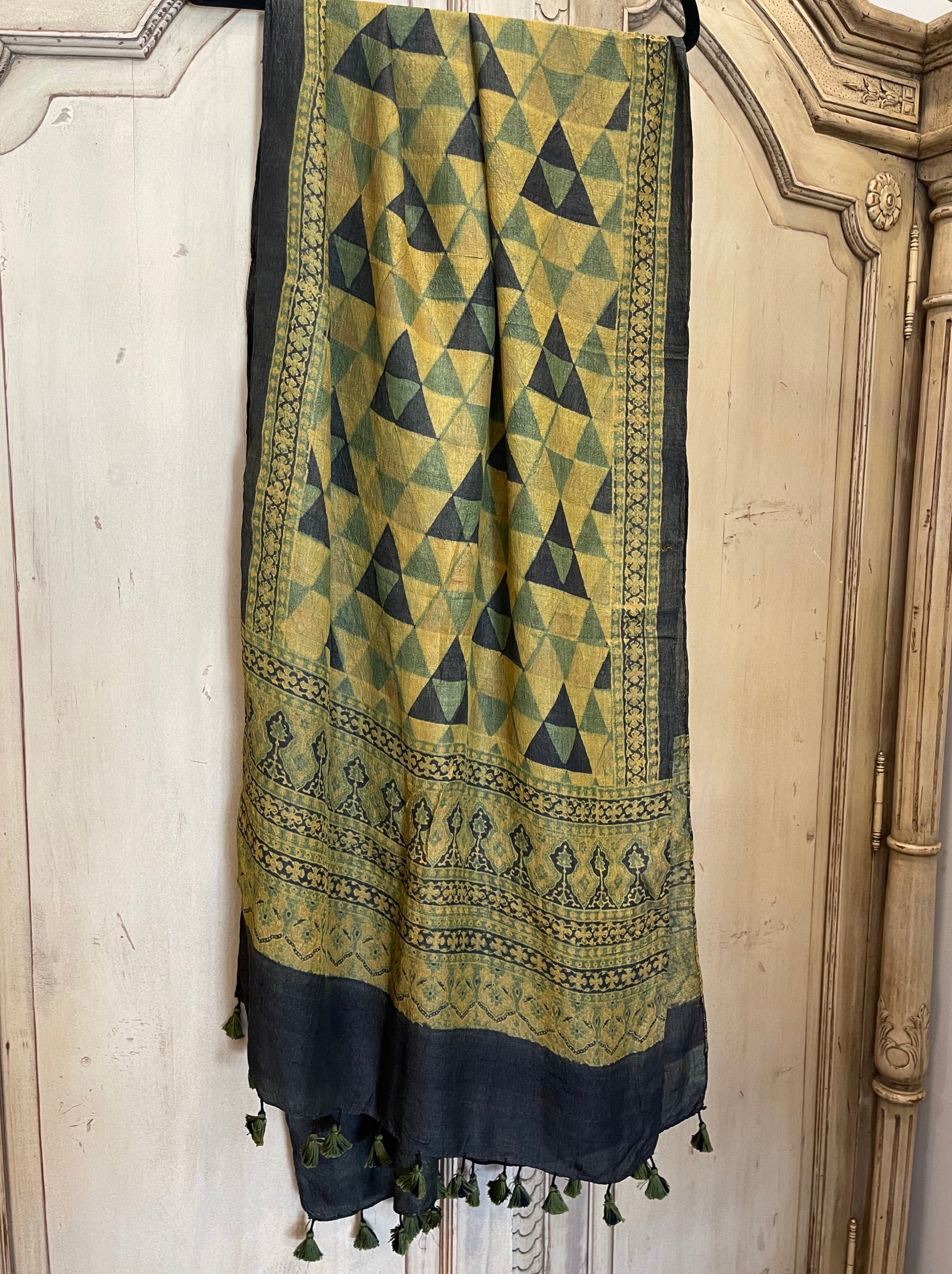 Ajrakh printed tussar silk scarves using natural dyes, Colour - Jade Ochre Temple