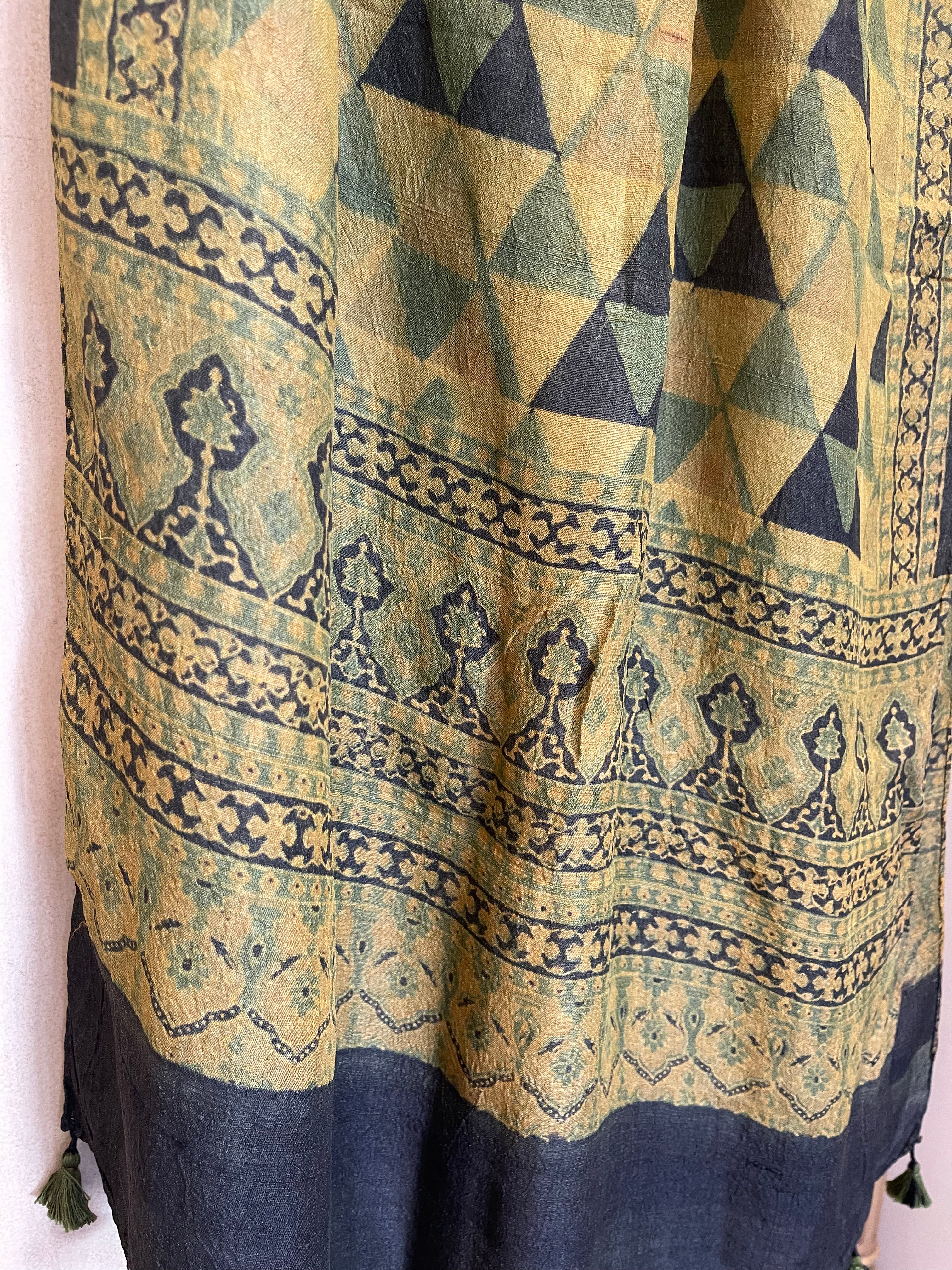 Ajrakh printed tussar silk scarves using natural dyes, Colour - Jade Ochre Temple
