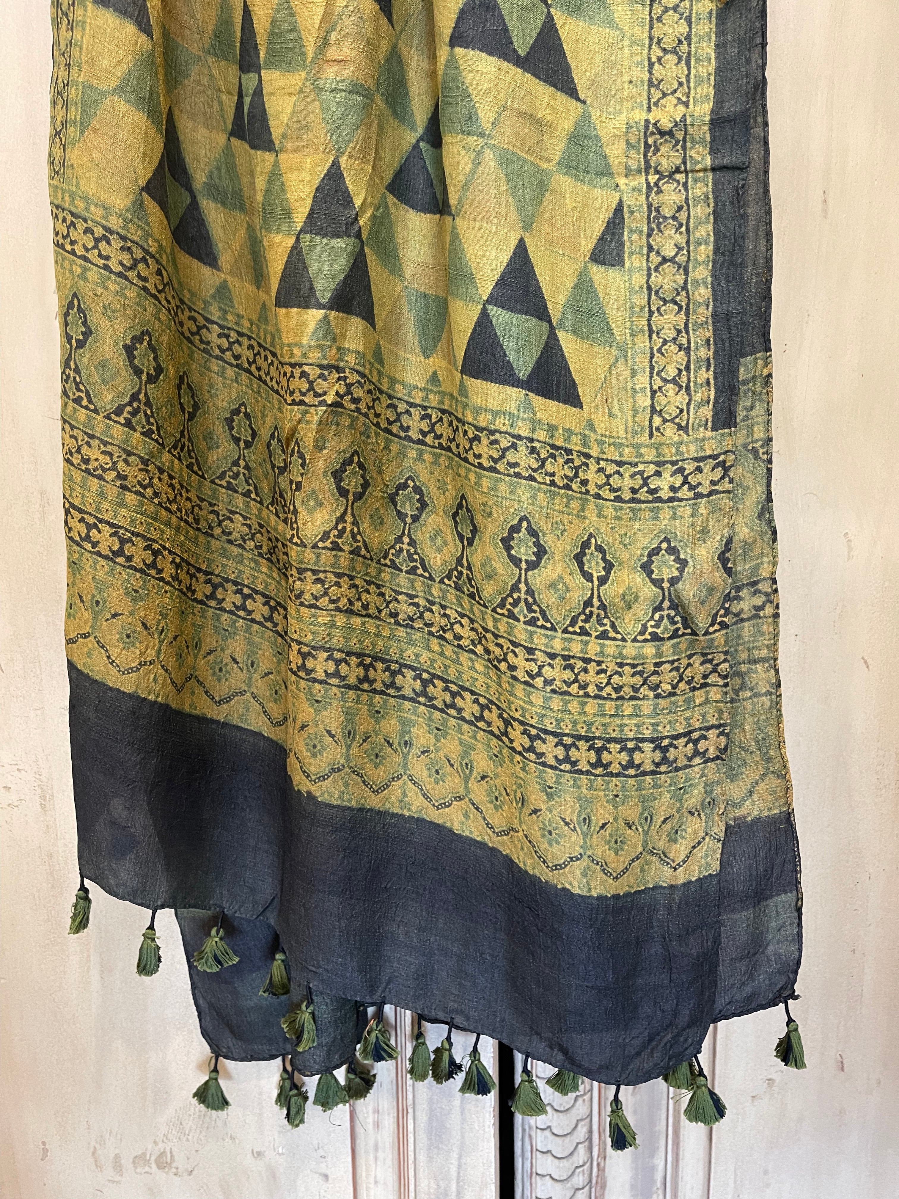 Ajrakh printed tussar silk scarves using natural dyes, Colour - Jade Ochre Temple