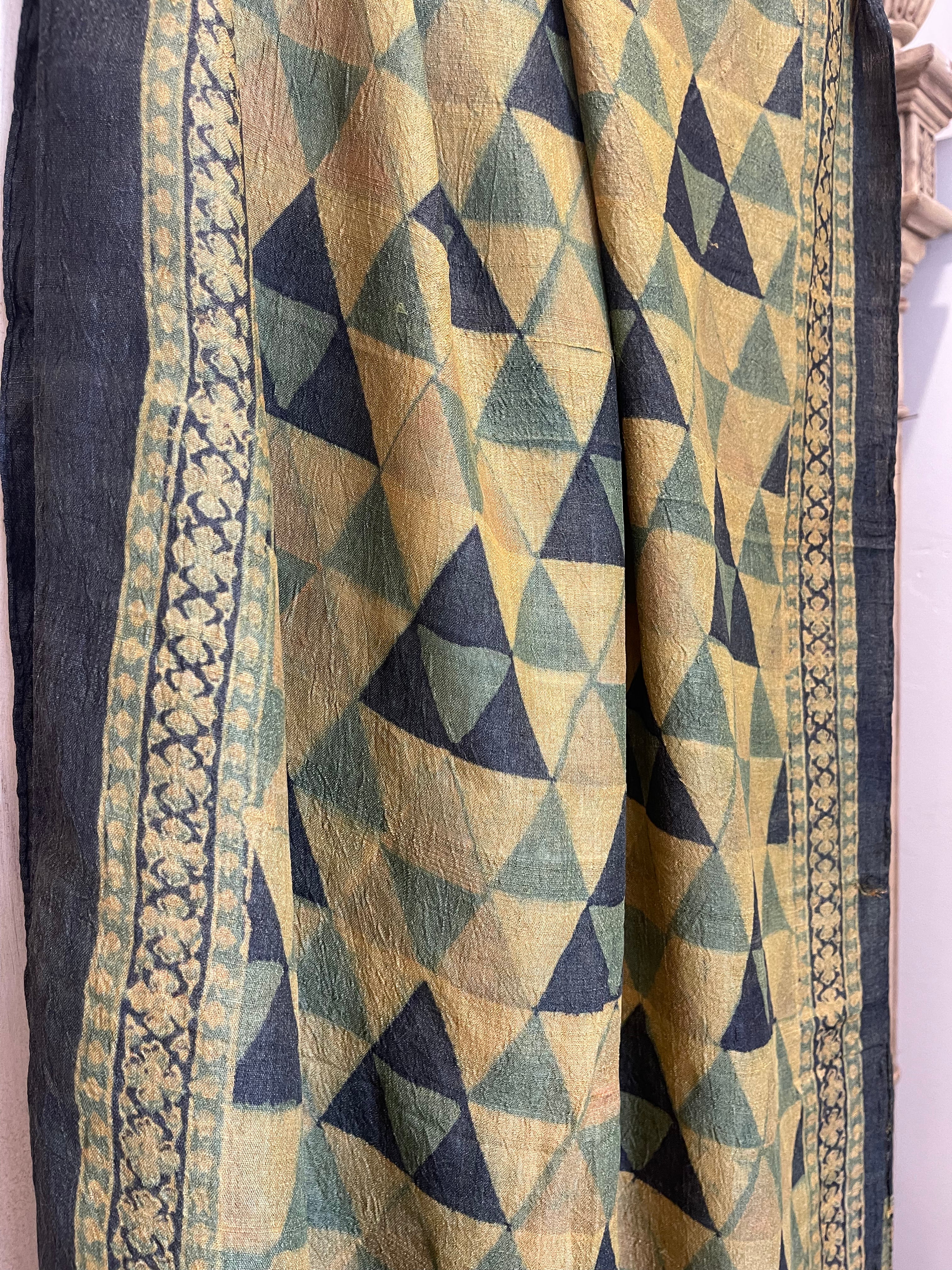 Ajrakh printed tussar silk scarves using natural dyes, Colour - Jade Ochre Temple
