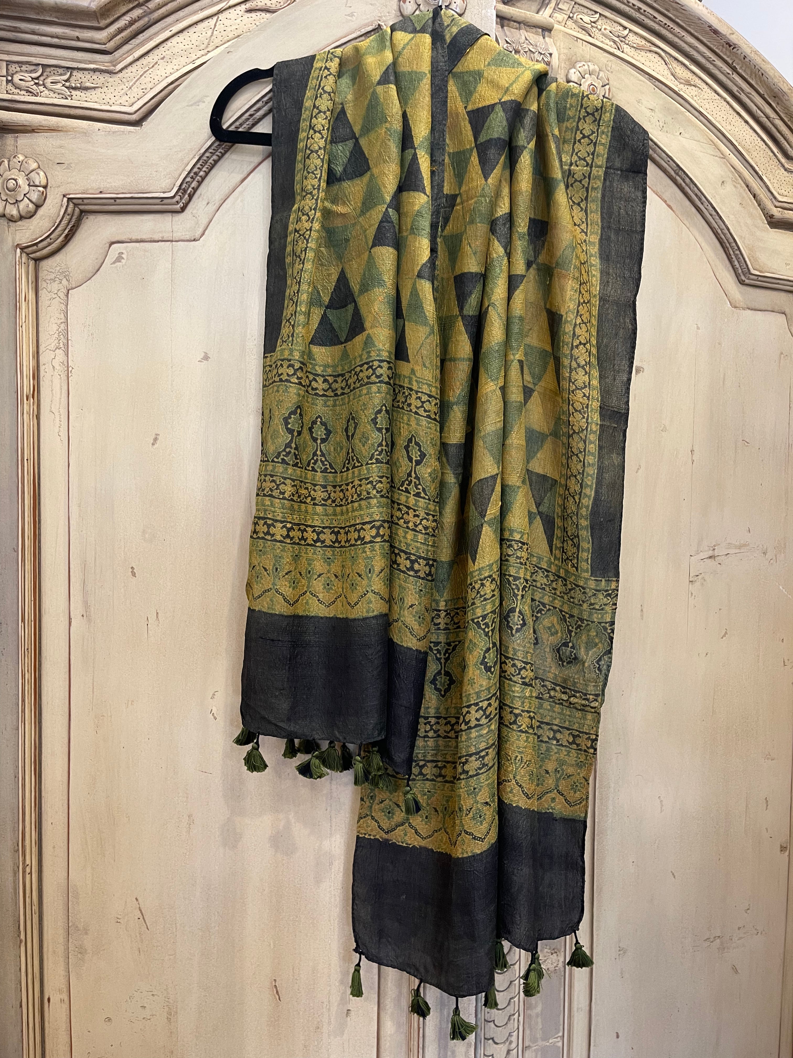 Ajrakh printed tussar silk scarves using natural dyes, Colour - Jade Ochre Temple