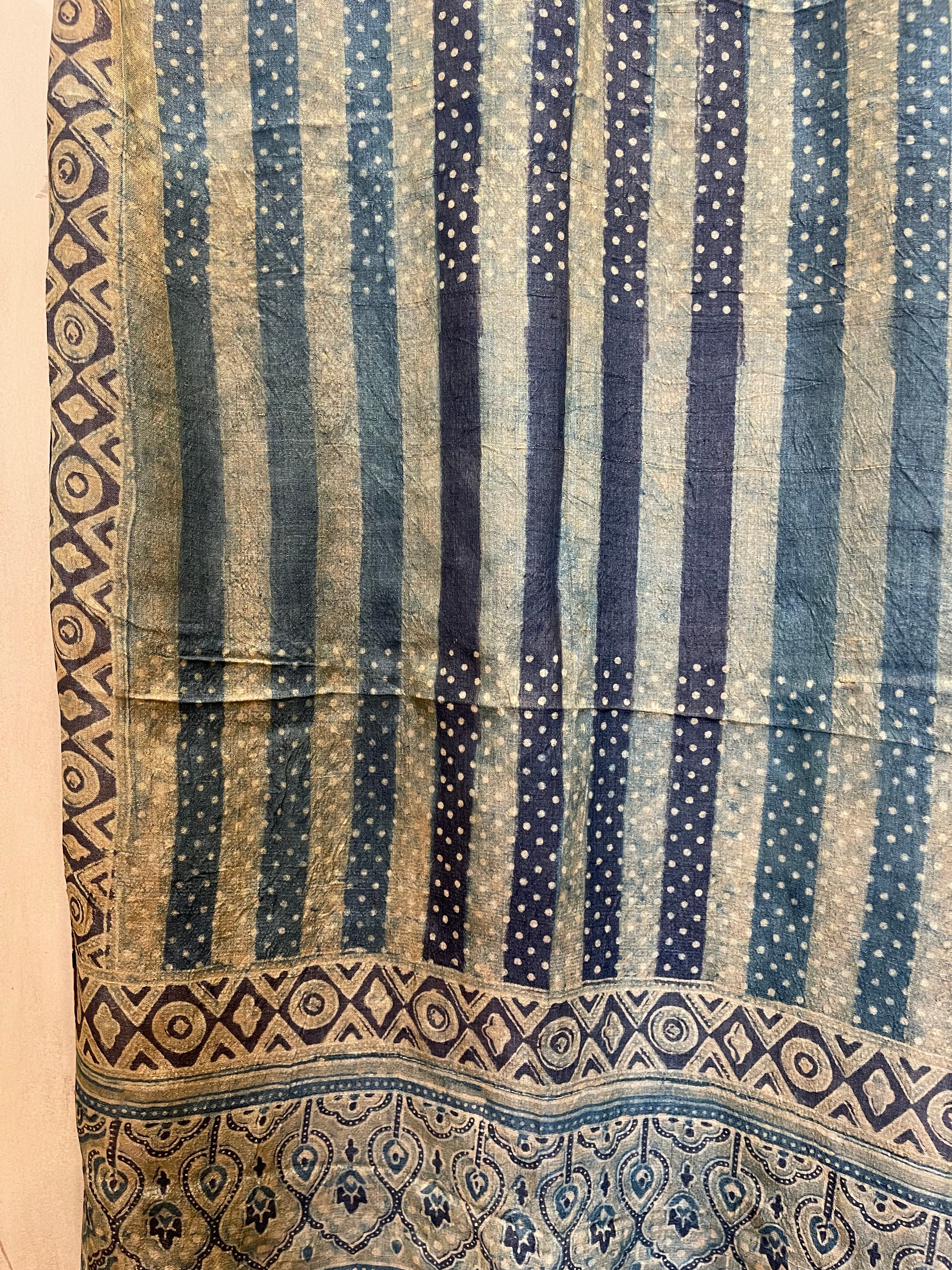 Ajrakh printed tussar silk scarves using natural dyes, Jade Stripe