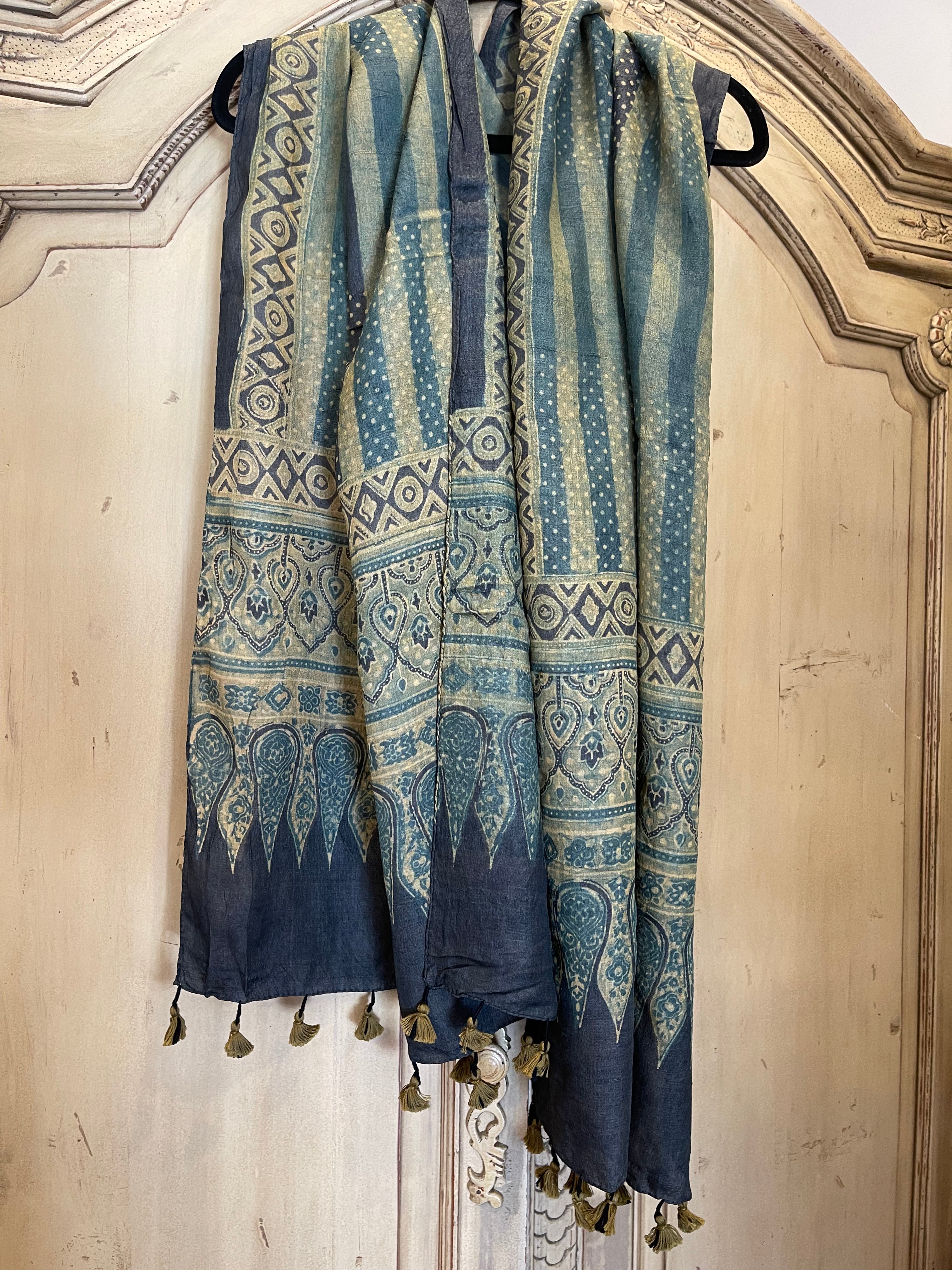 Ajrakh printed tussar silk scarves using natural dyes, Jade Stripe
