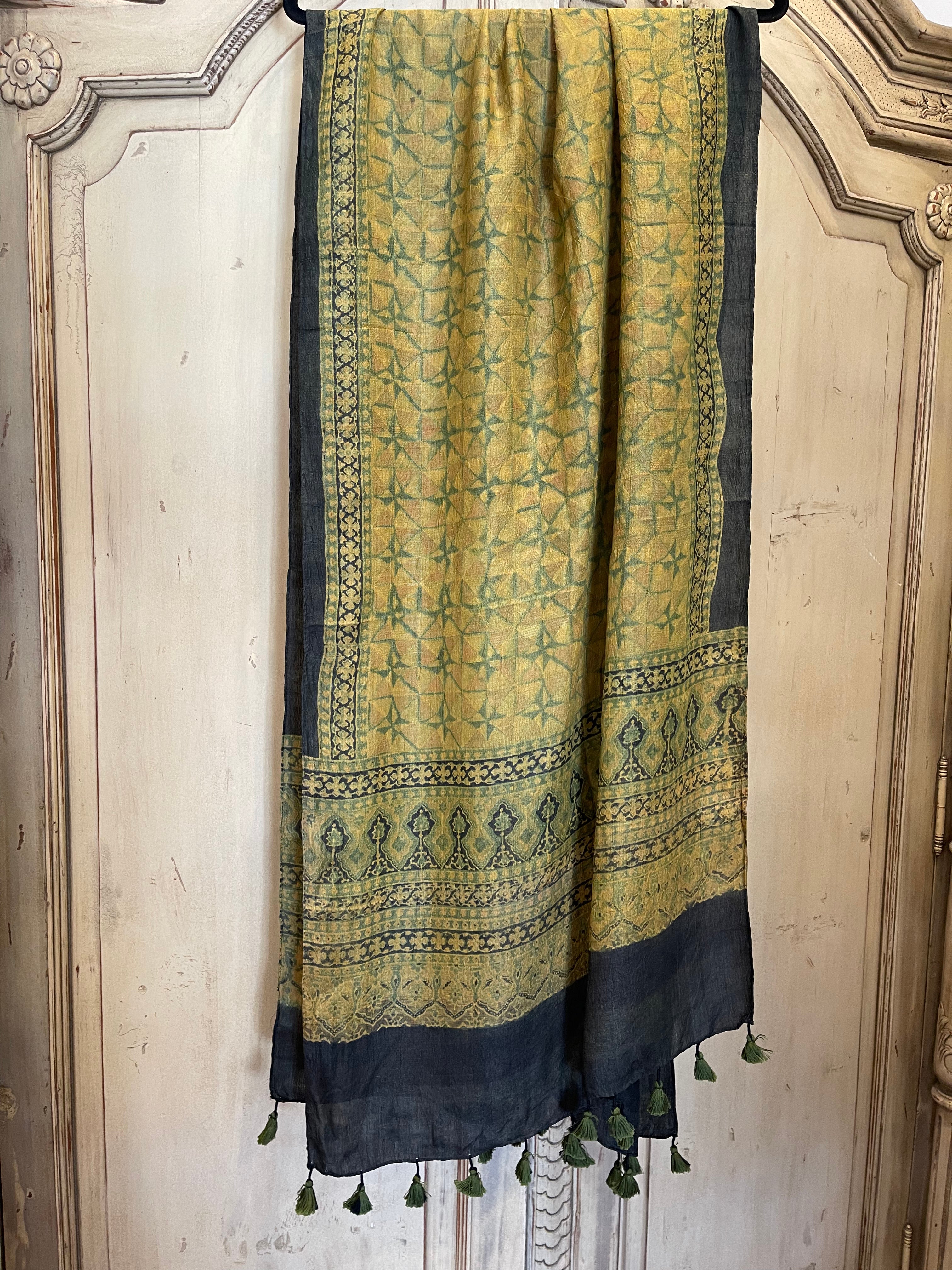 Ajrakh Tussar Silk Scarf - Turmeric Windmills