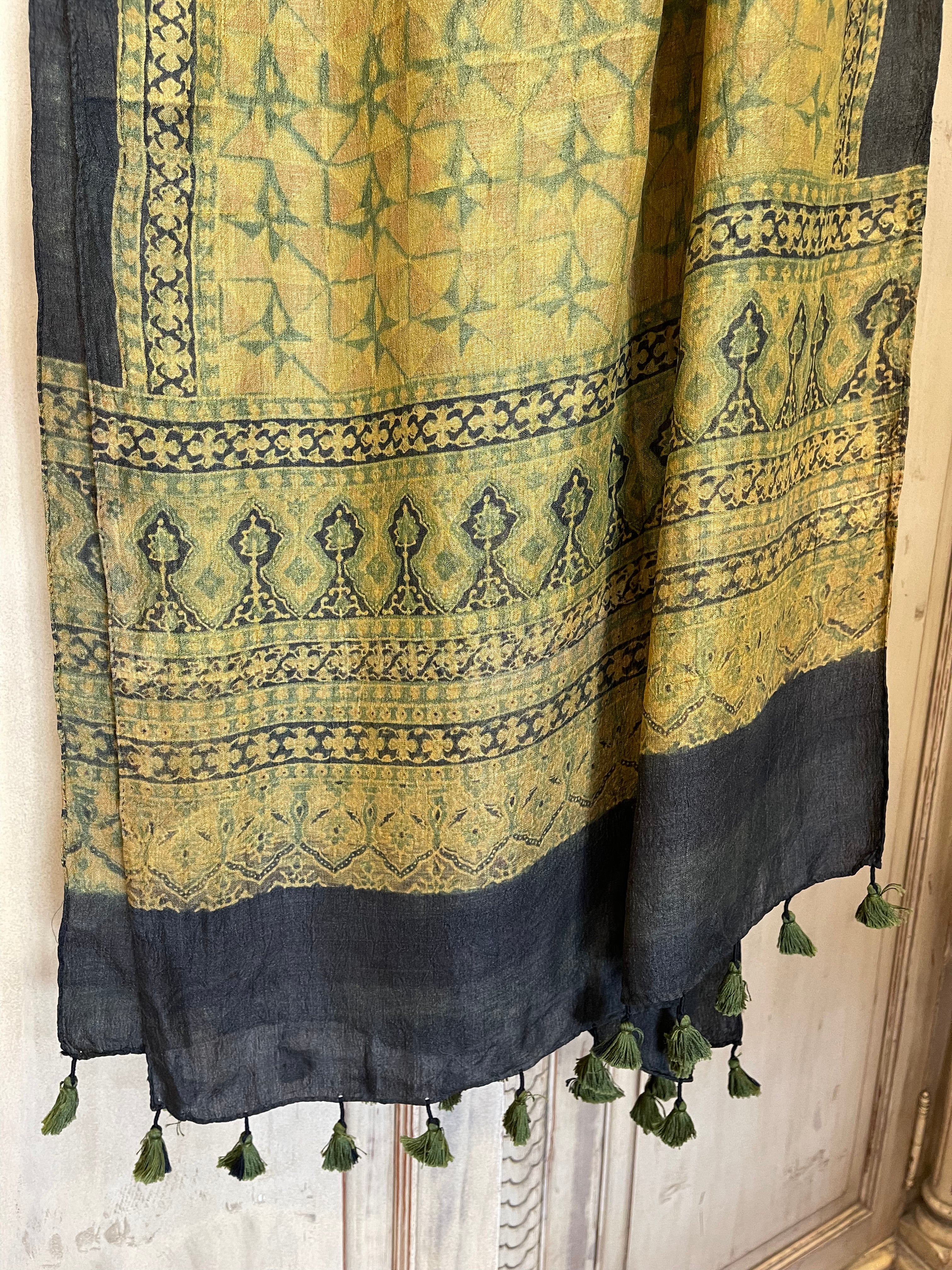 Ajrakh Tussar Silk Scarf - Turmeric Windmills