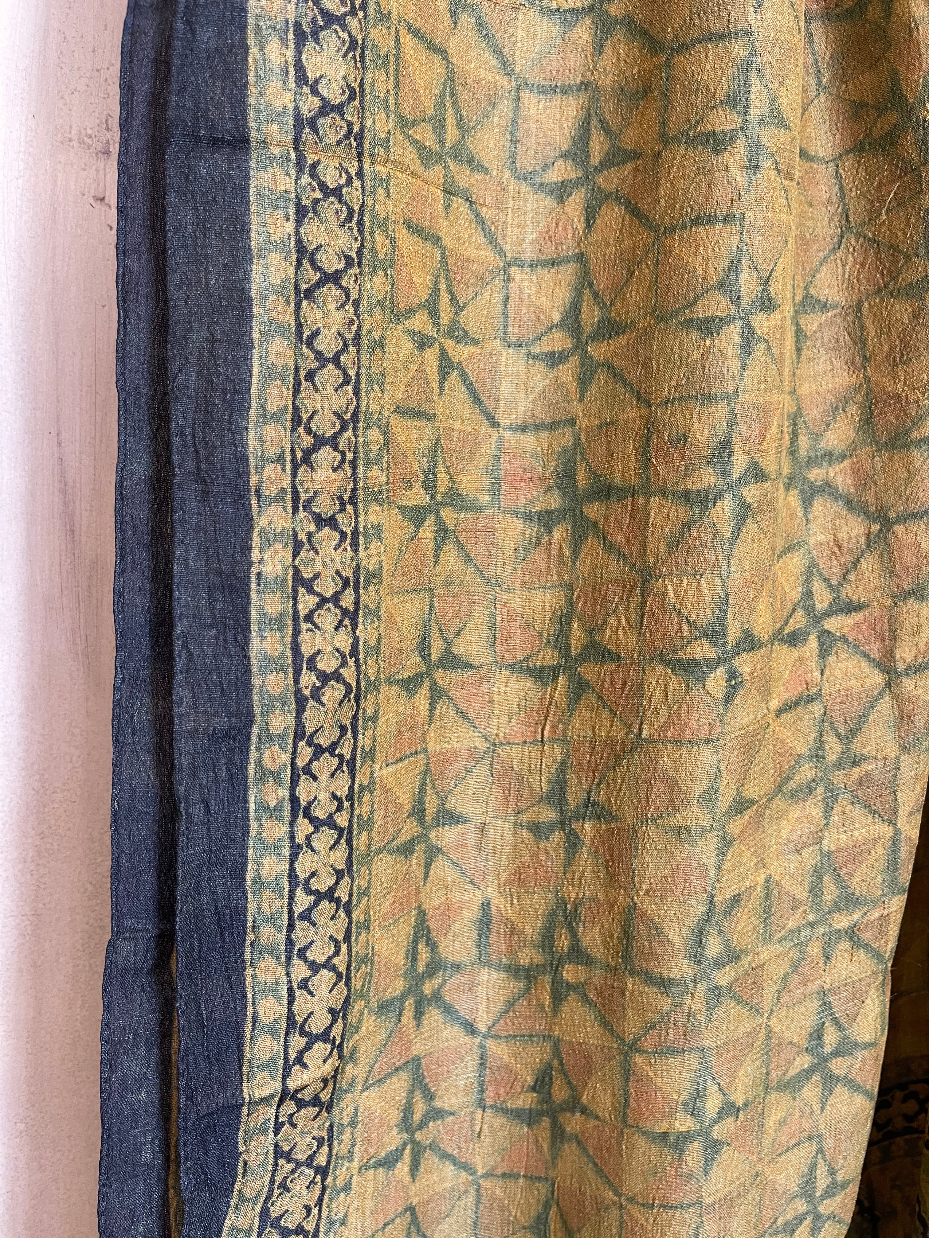 Ajrakh Tussar Silk Scarf - Turmeric Windmills