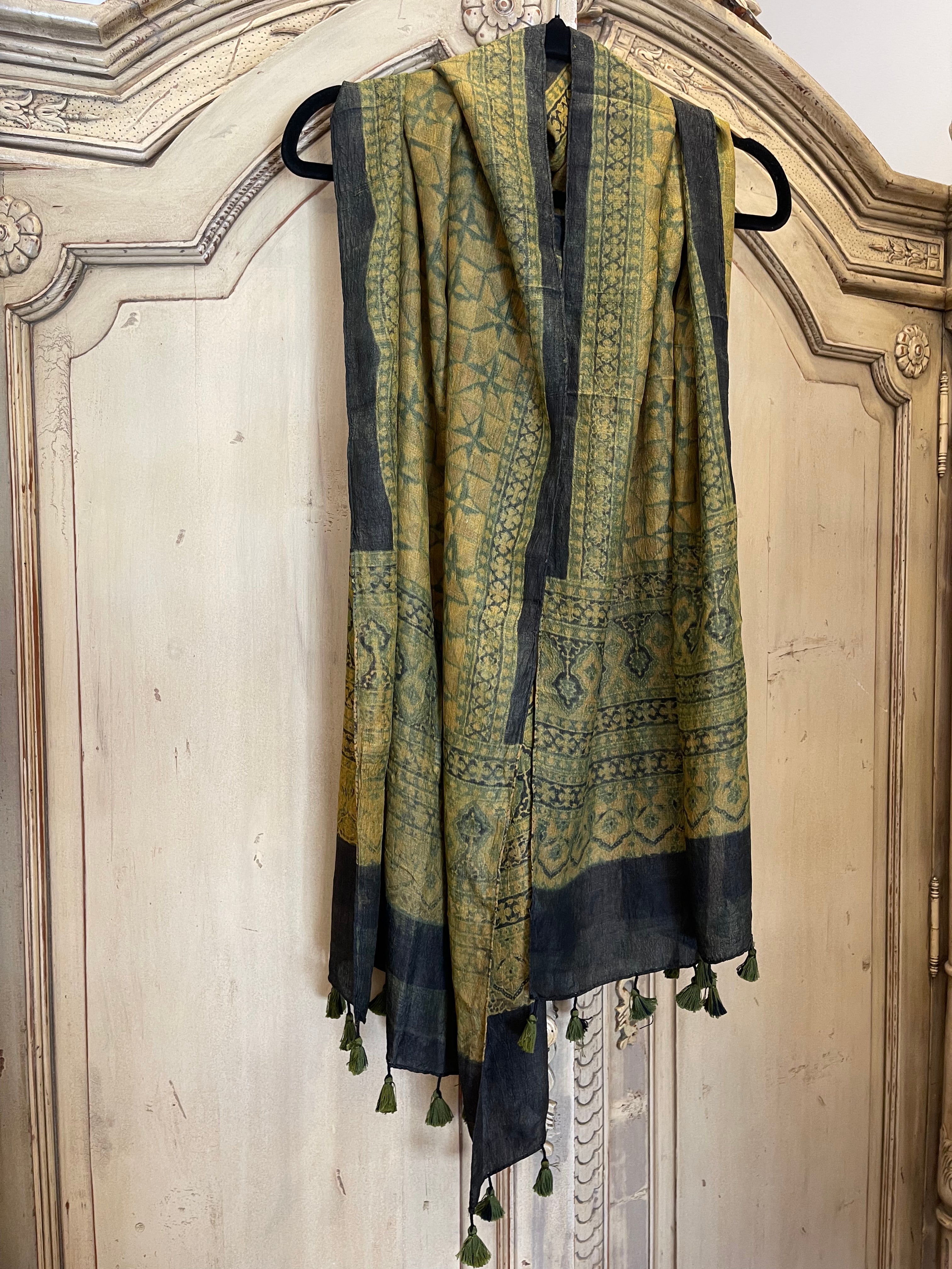 Ajrakh Tussar Silk Scarf - Turmeric Windmills