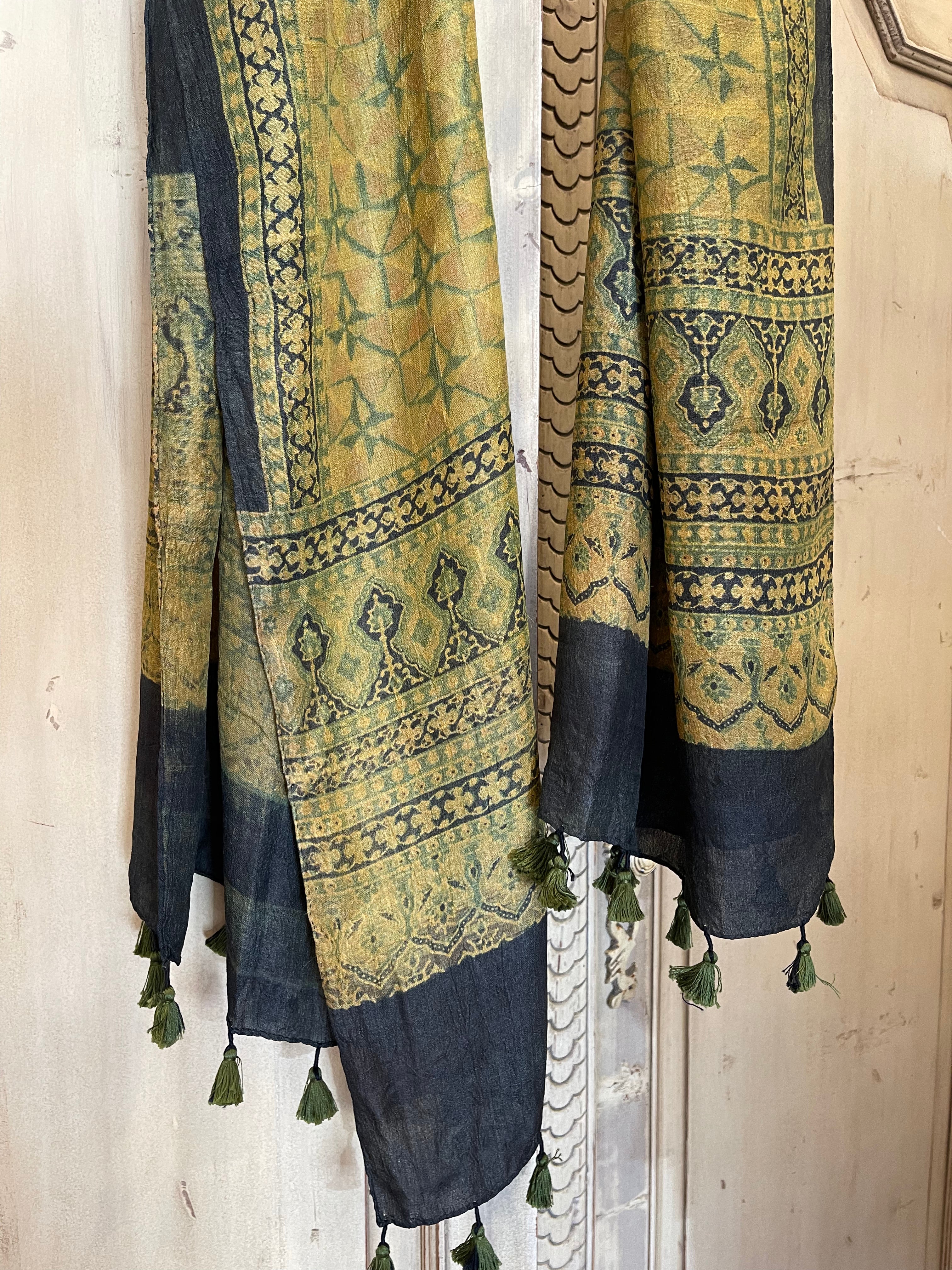 Ajrakh Tussar Silk Scarf - Turmeric Windmills