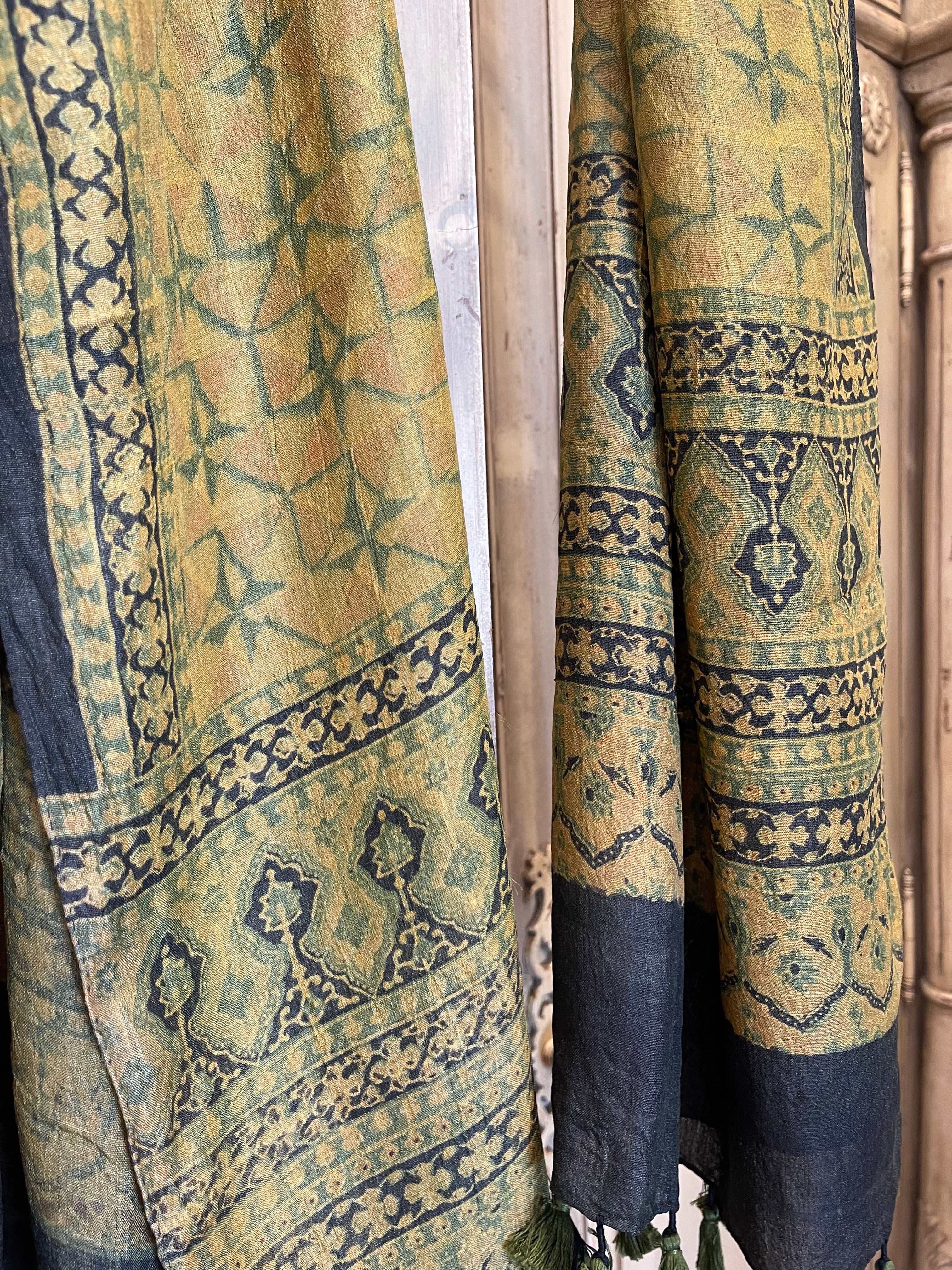 Ajrakh Tussar Silk Scarf - Turmeric Windmills