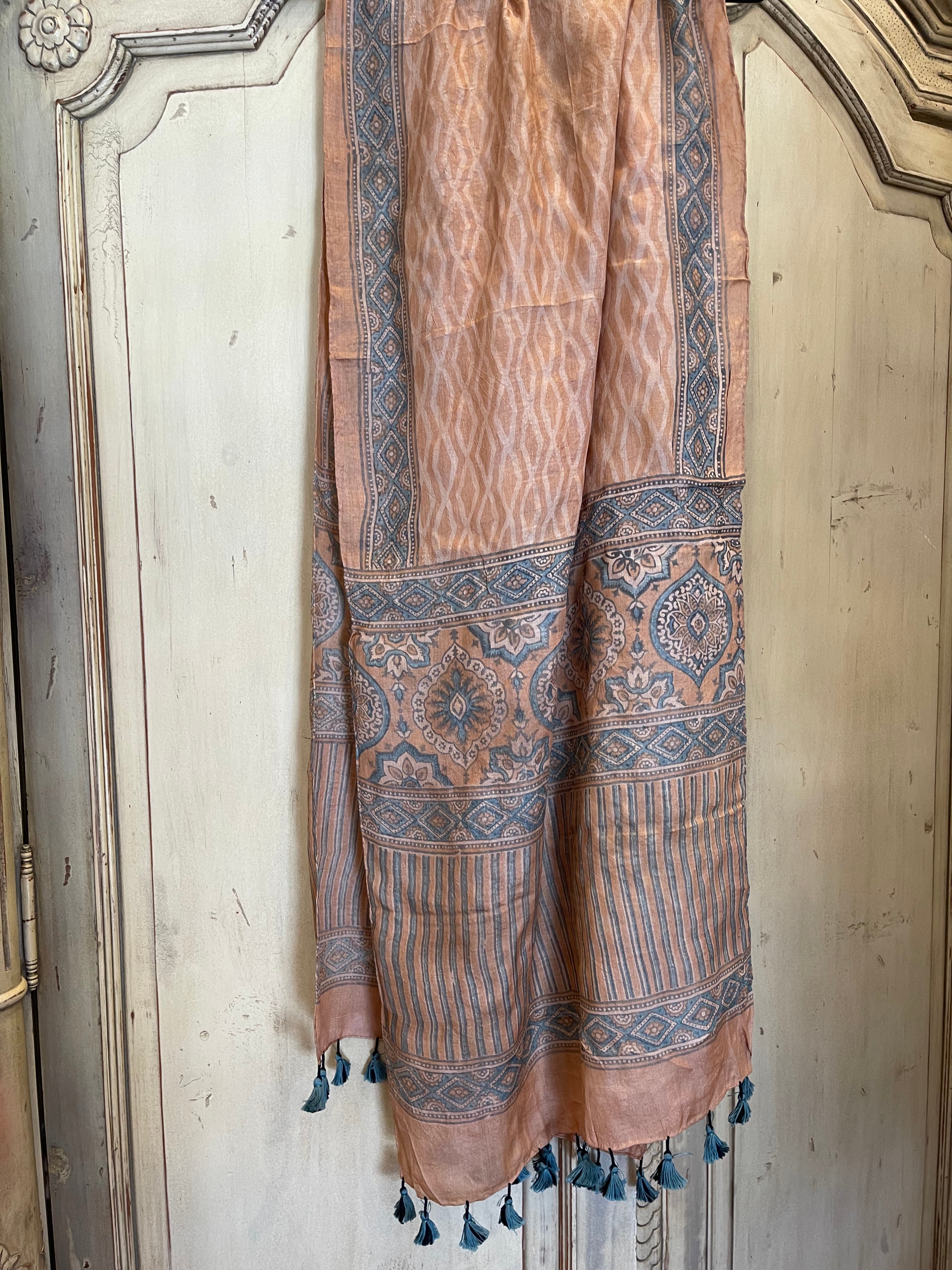 This Ajrakh scarf is blockprinted on handwoven wild tusar silk cloth using natural dyes, Desert Sands