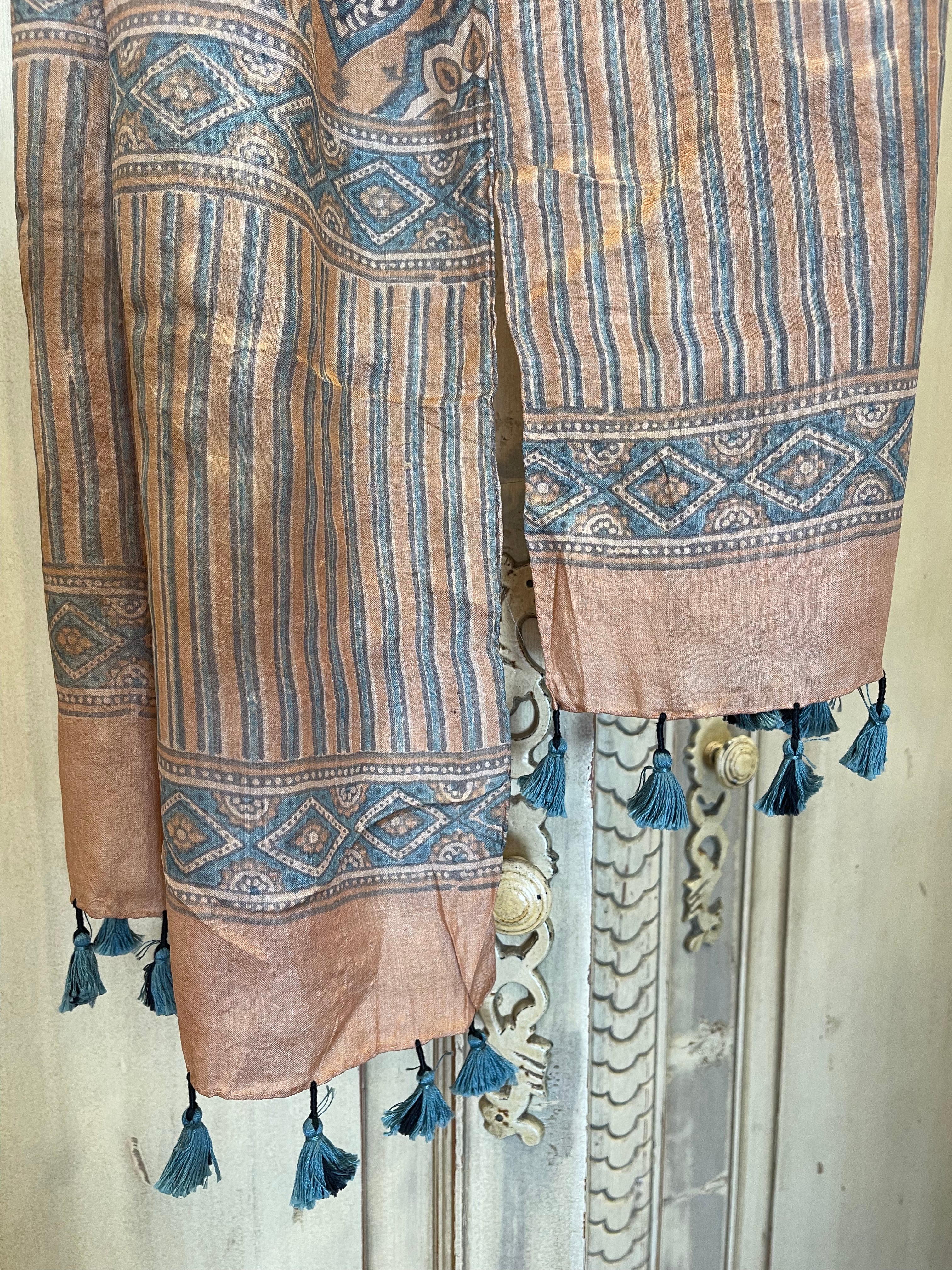 This Ajrakh scarf is blockprinted on handwoven wild tusar silk cloth using natural dyes, Desert Sands