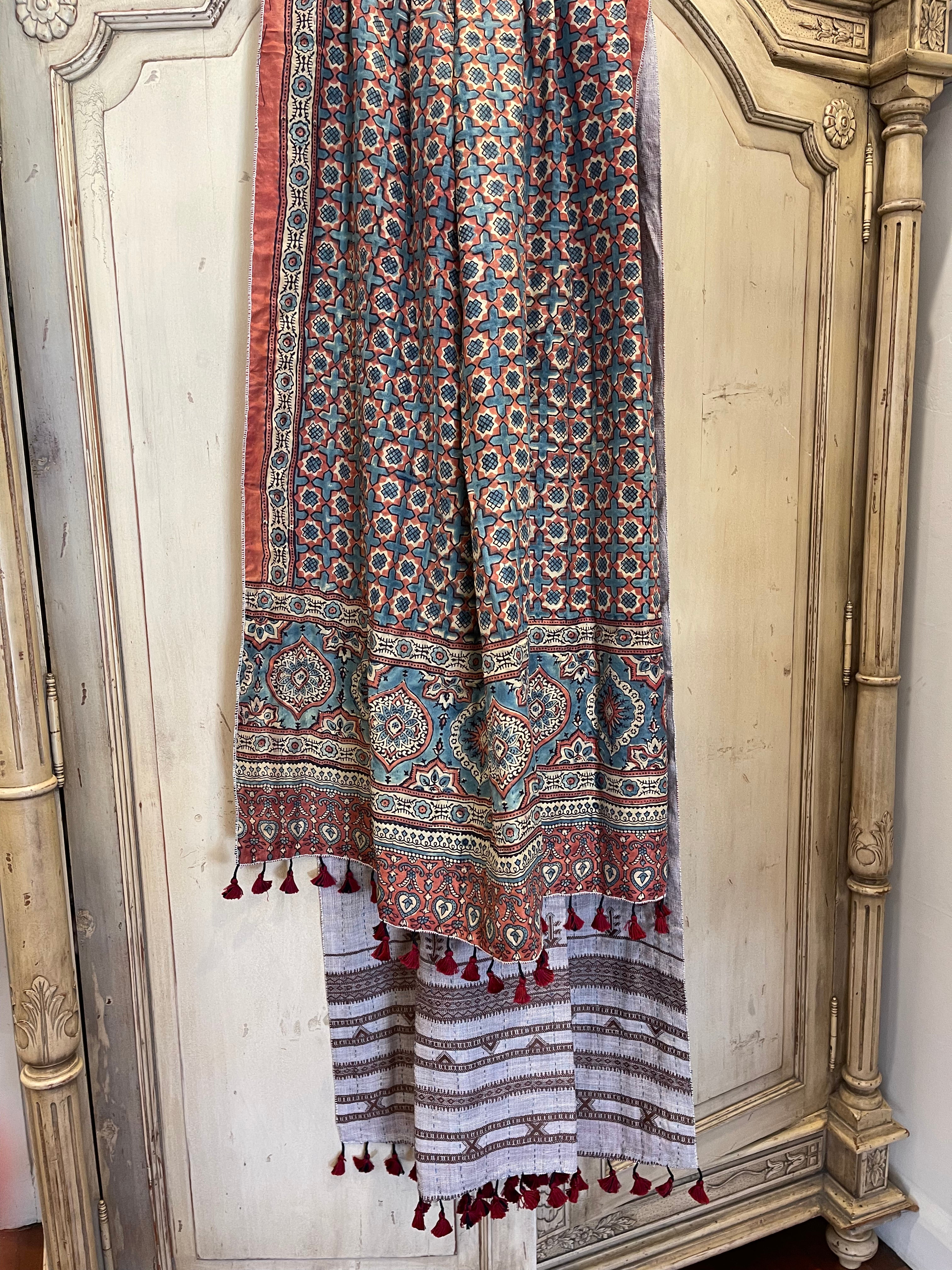 Ajrakh Handloomed Double Sided Quilted Wool and Silk Wrap, Pomegranate Tile and Sienna Geometric