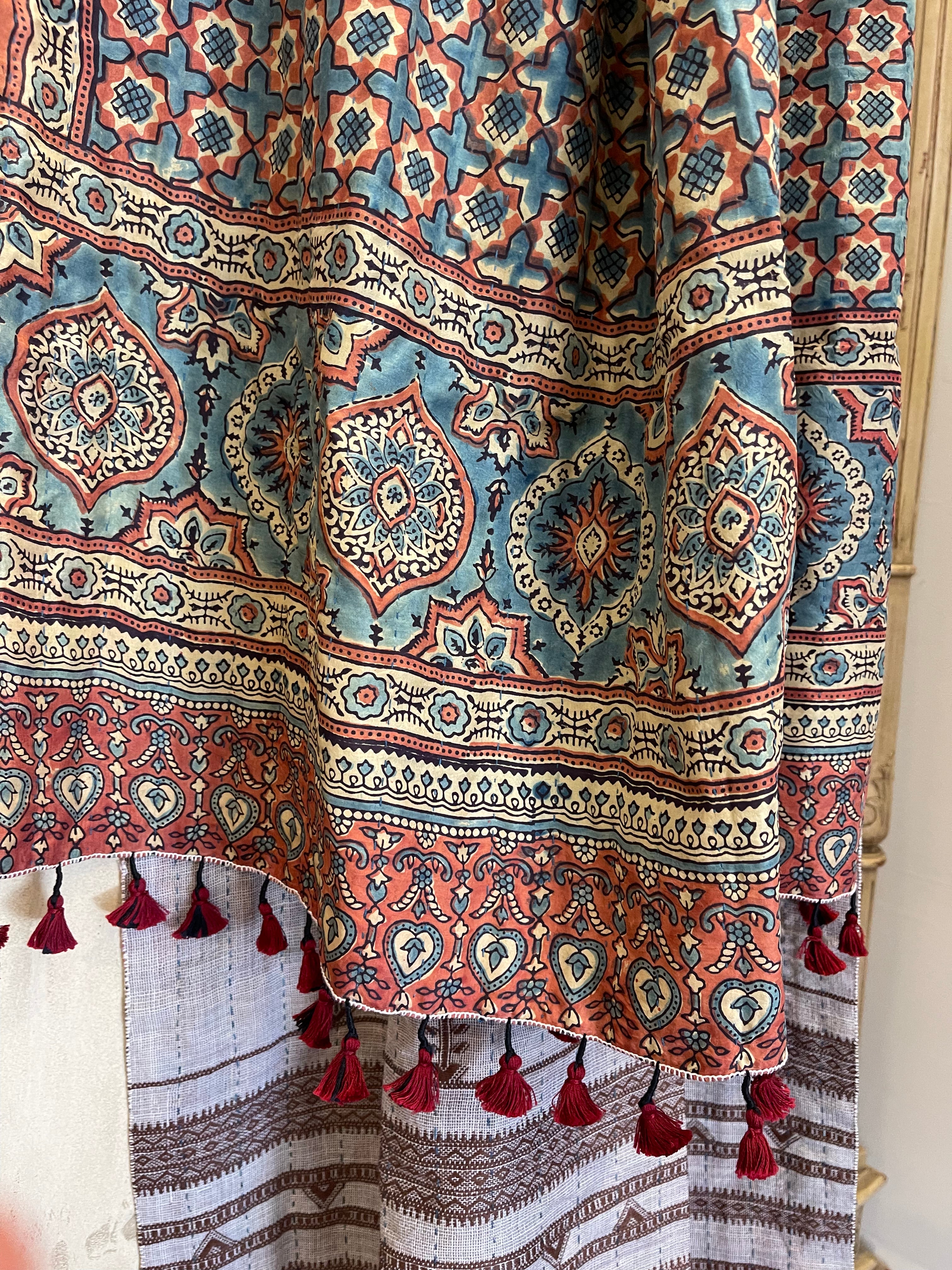 Ajrakh Handloomed Double Sided Quilted Wool and Silk Wrap, Pomegranate Tile and Sienna Geometric