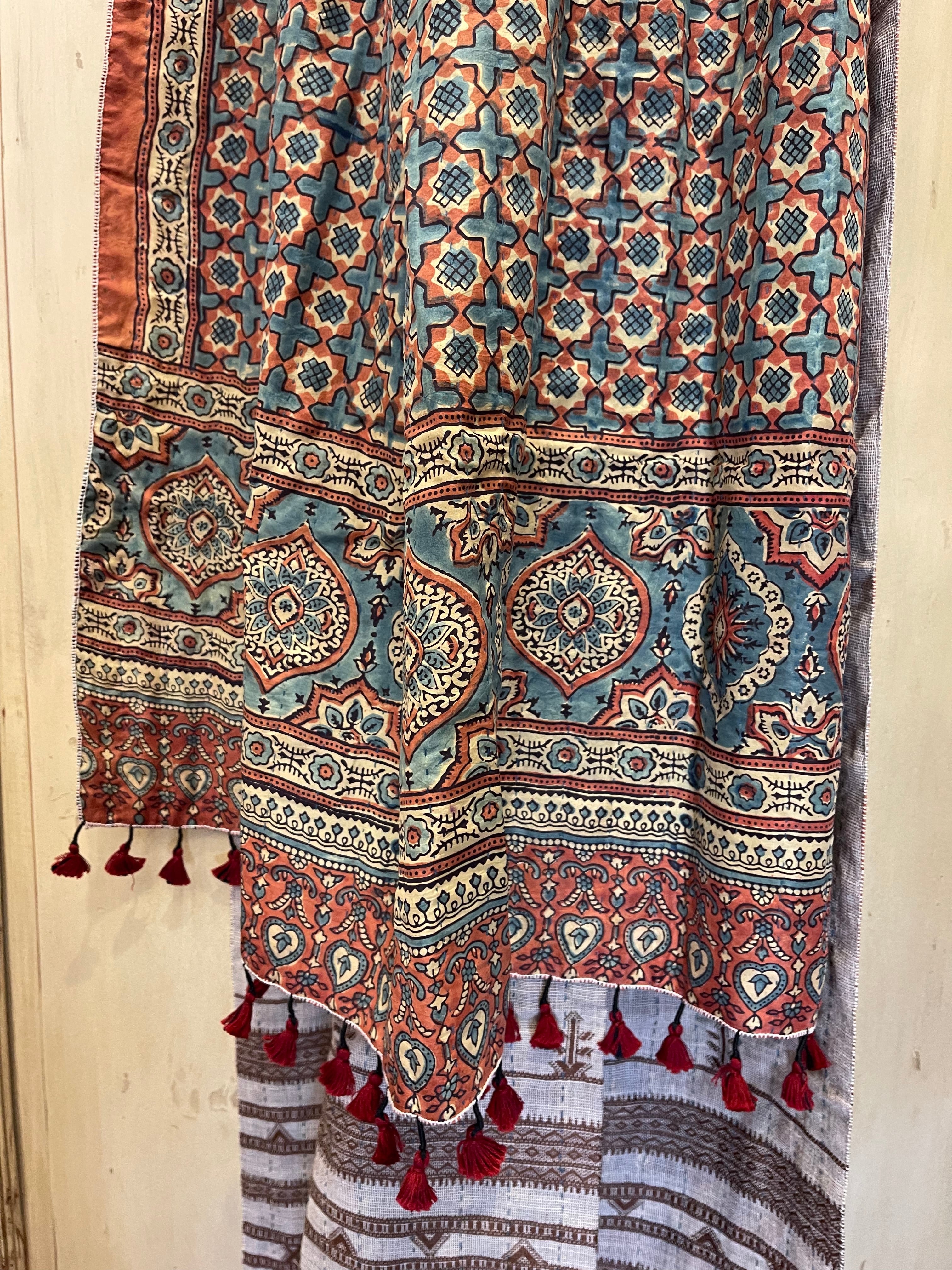 Ajrakh Handloomed Double Sided Quilted Wool and Silk Wrap, Pomegranate Tile and Sienna Geometric