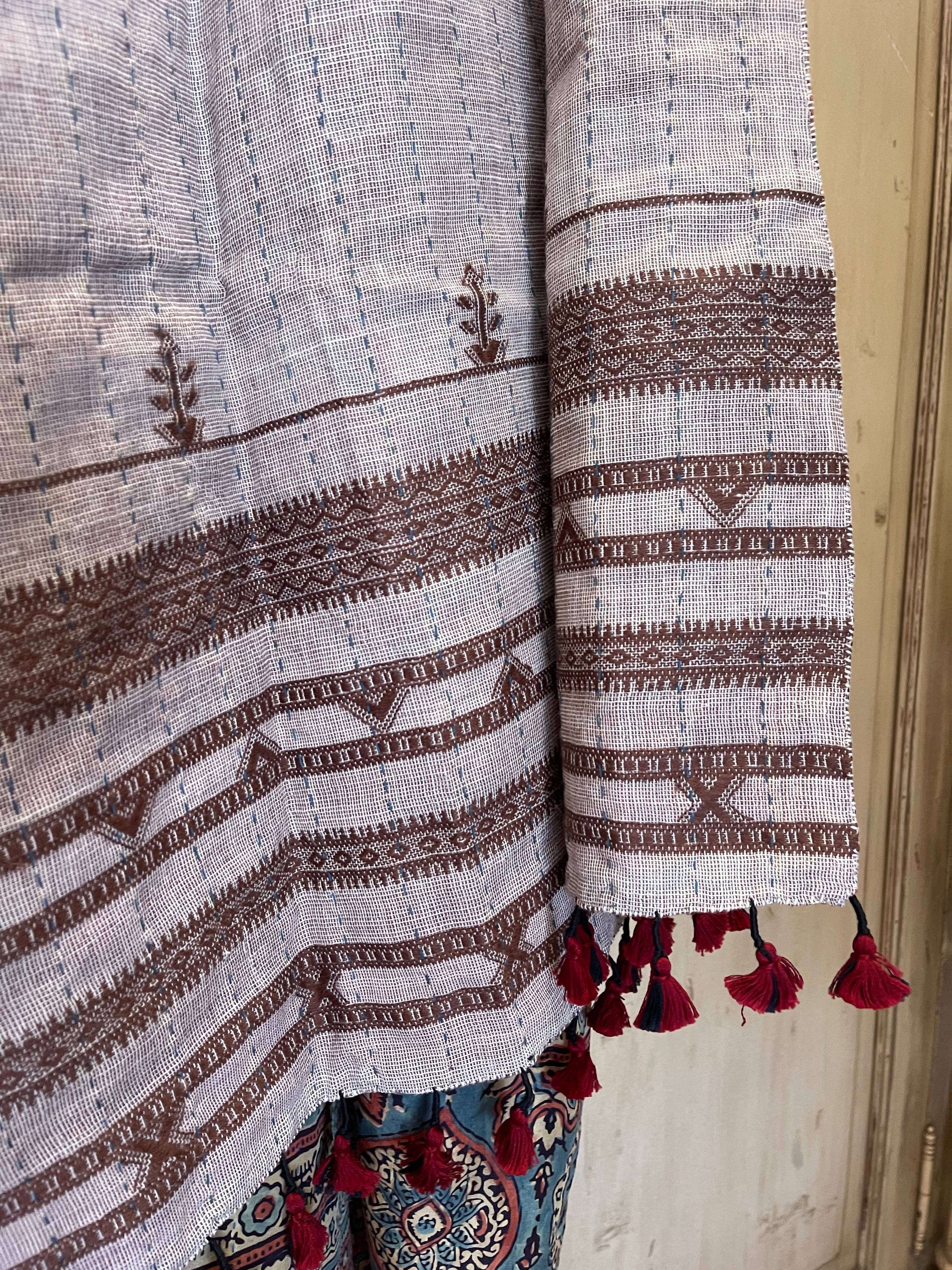 Ajrakh Handloomed Double Sided Quilted Wool and Silk Wrap, Pomegranate Tile and Sienna Geometric
