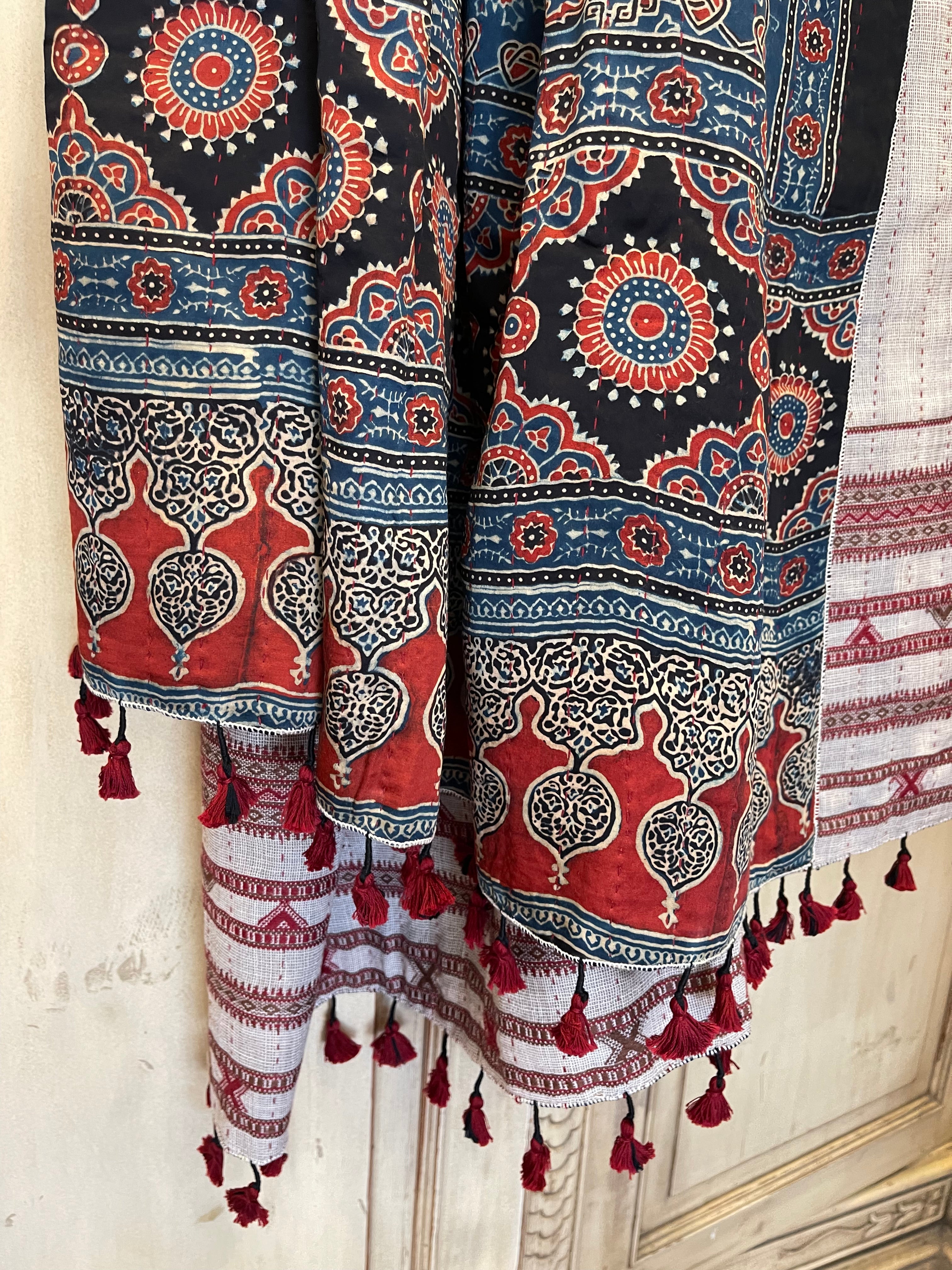 Ajrakh handloomed double sided quilted wool and silk wrap