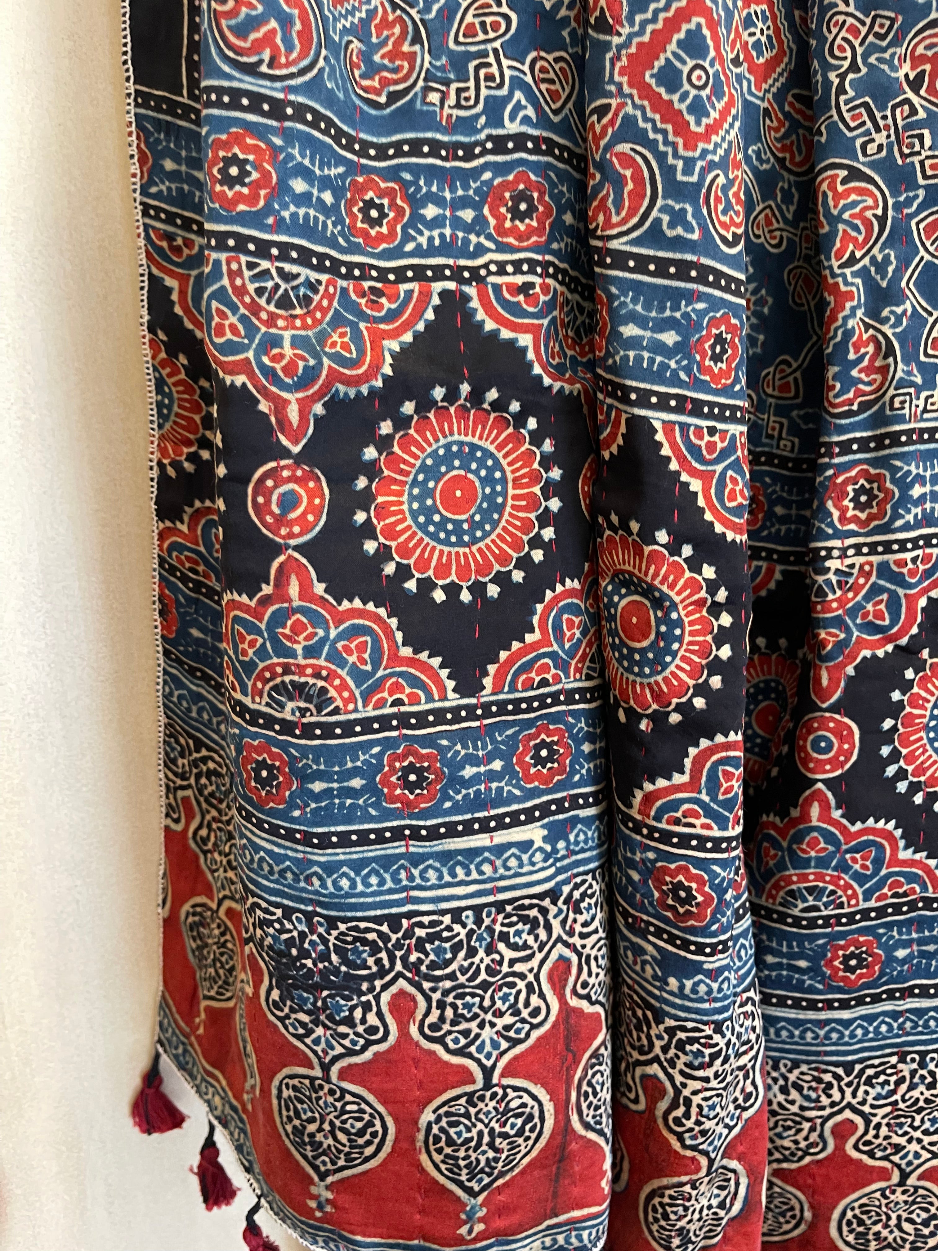 Ajrakh handloomed double sided quilted wool and silk wrap